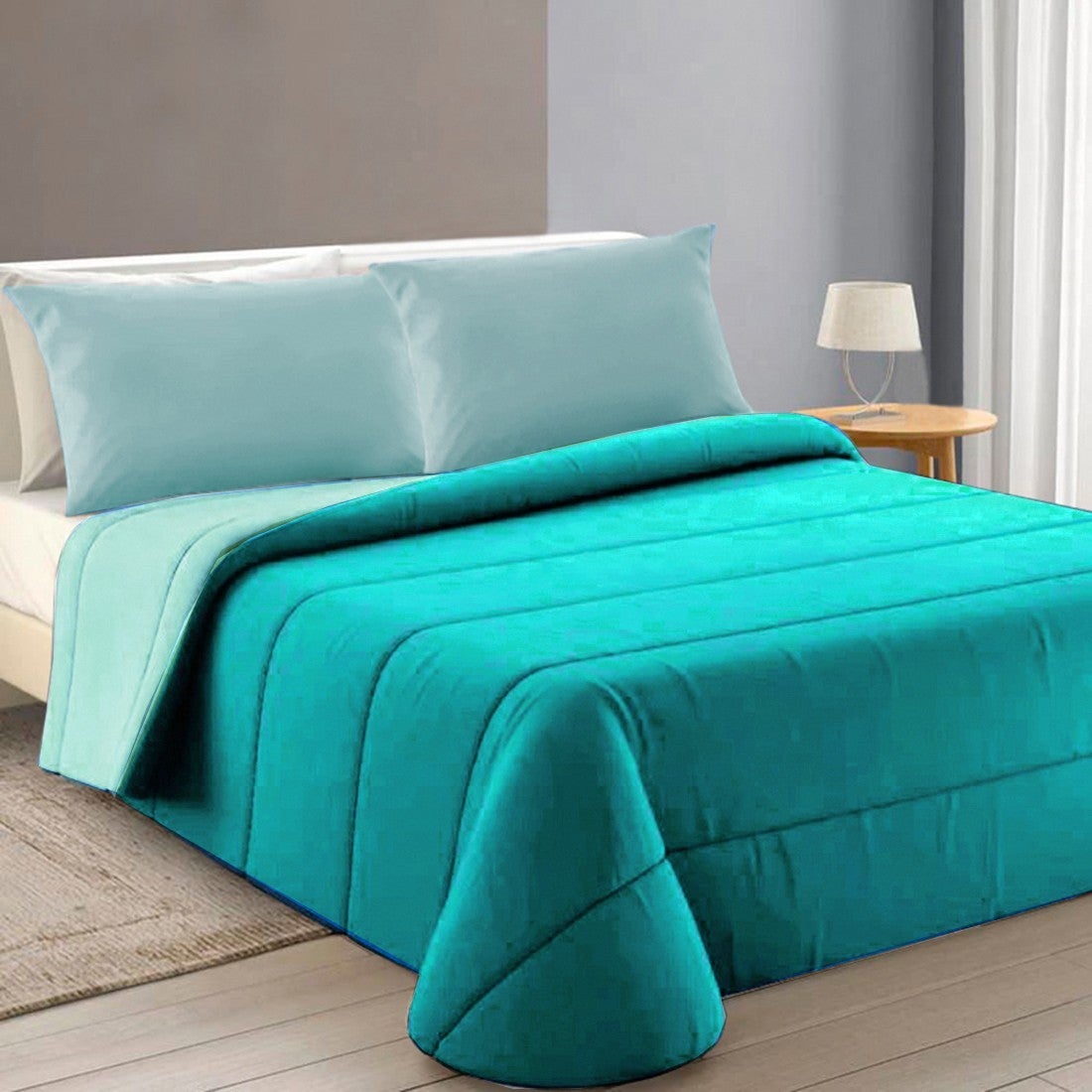Trapunta Piumone Invernale Double Face 250 gr Coperta Calda Letto 1 Piazza e Mezza Made In Italy Turchese - 2