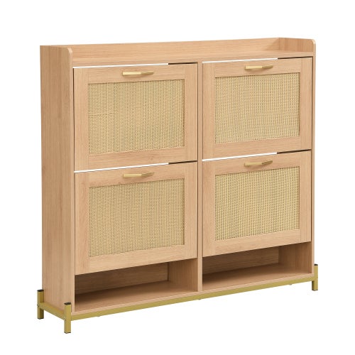 Élégant meuble à chaussures en bois avec portes en rotin – 4 portes, structure métal, étagère supérieure, rangement organisé. - 8