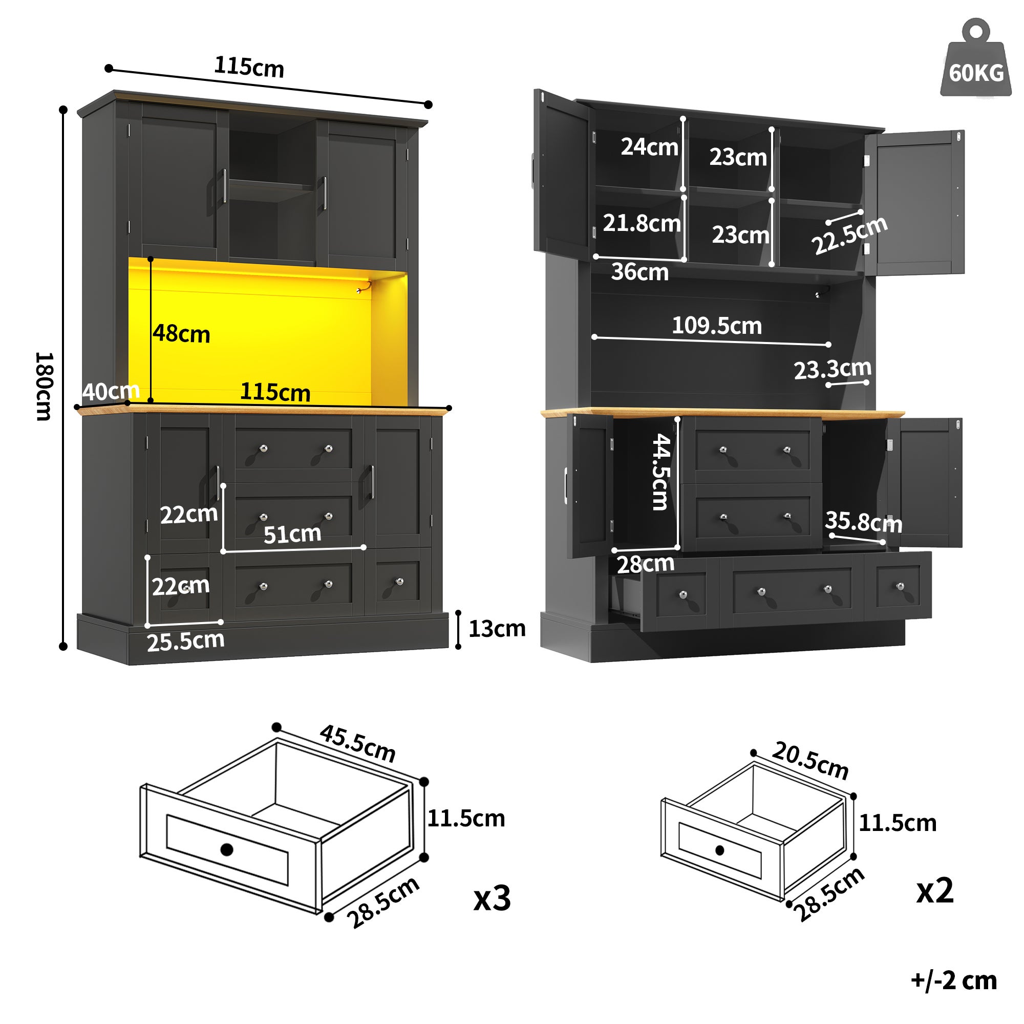 Buffet de cuisine avec 4 portes et 3 tiroirs - 115 x 40 x 180 cm - LEDs - MDF - Noir + naturel - 3