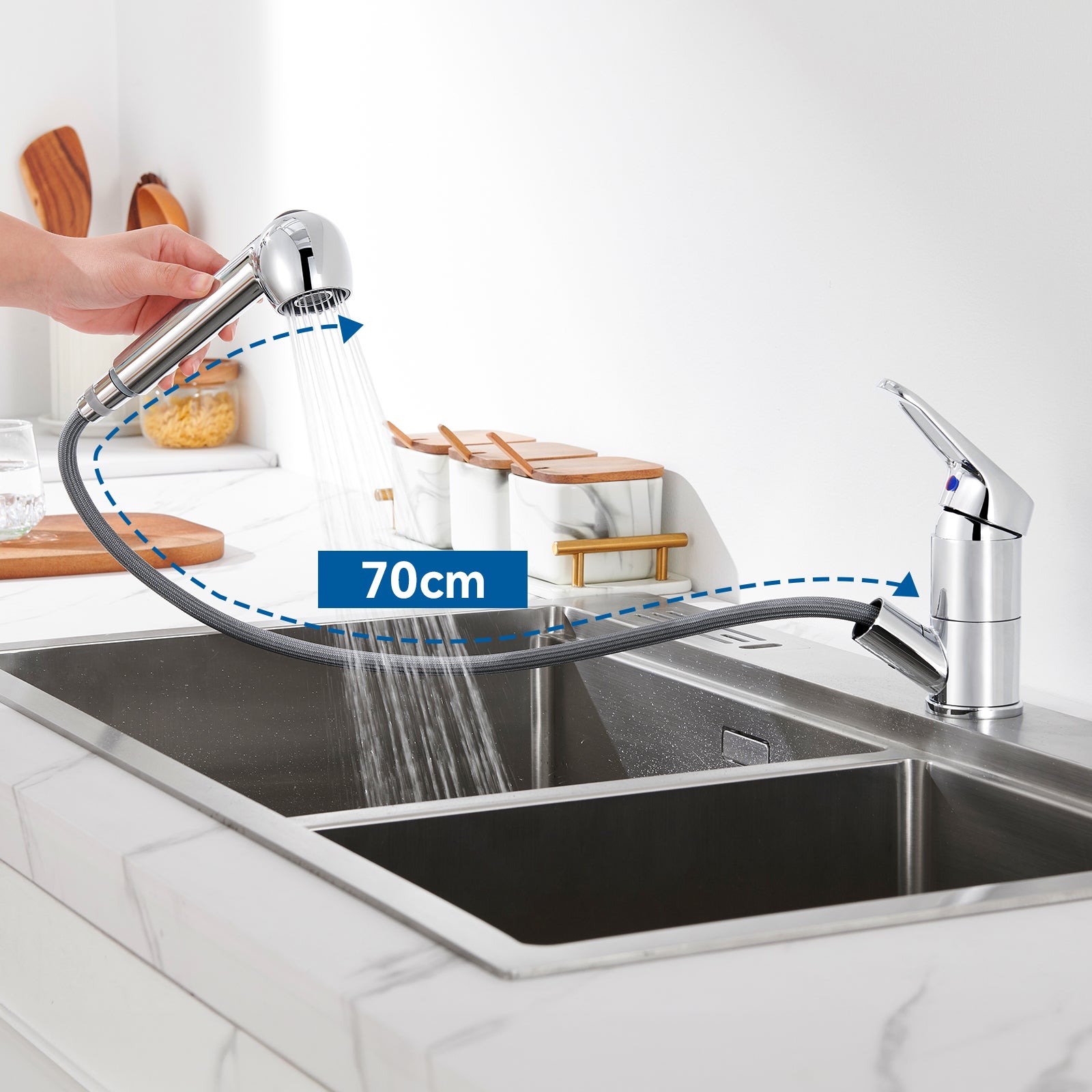 Rubinetto cucina doccetta estraibile,Miscelatore cucina in acciaio inossidabile con doccetta 2 modalità Jet, becco basso, PivoTanto 360°,cromata - 7