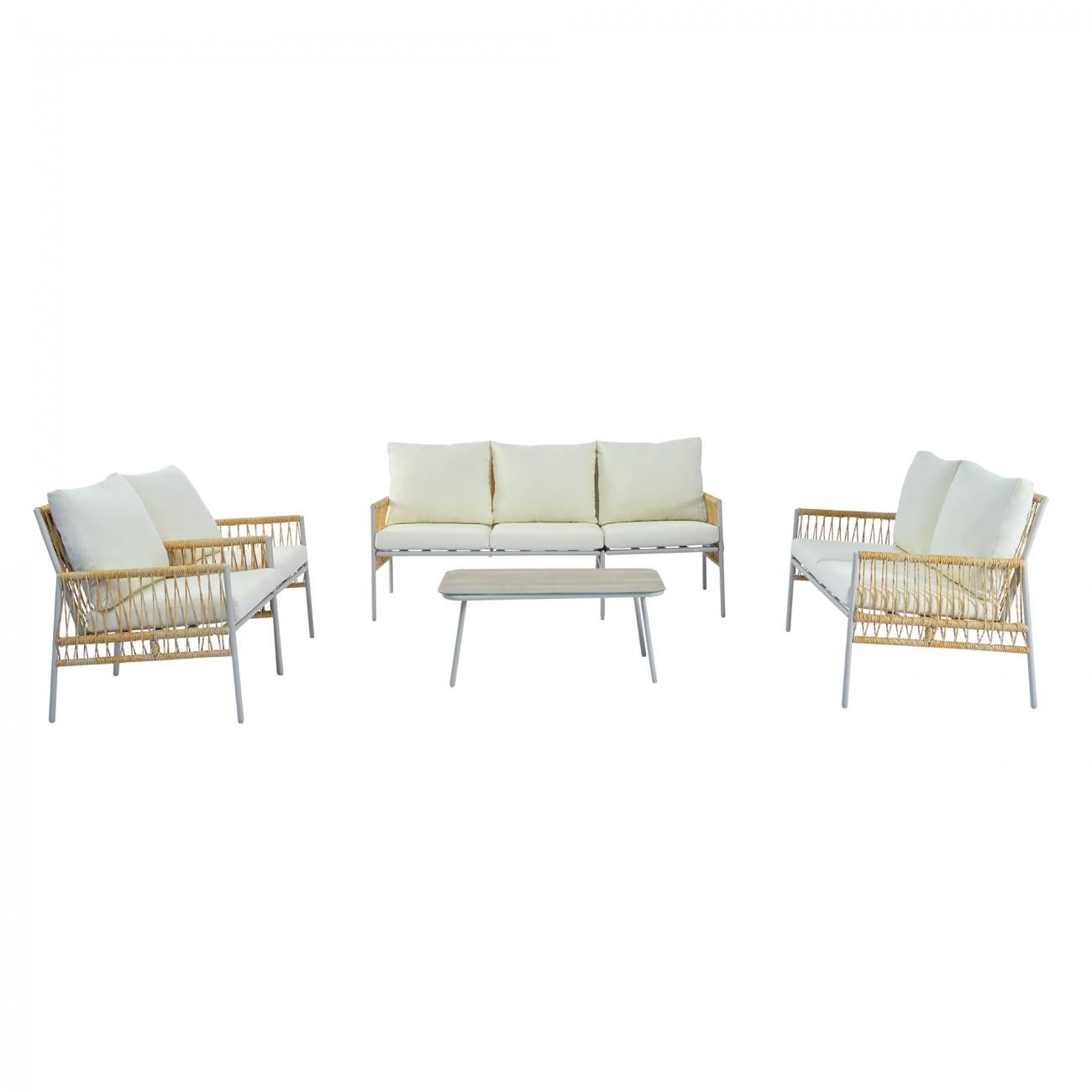 Ensemble de Jardin 7 Places avec Canapé, Table Basse en Verre Trempé, PE-Rattan et Structure Acier Zincé, Coussins Amovibles et Lavables - 6