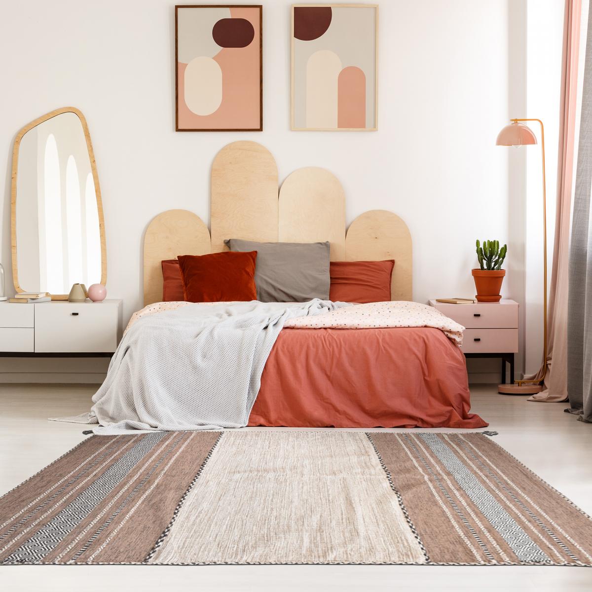Tapis kilim 200x290 rectangle fait main en coton beige et marron - 8
