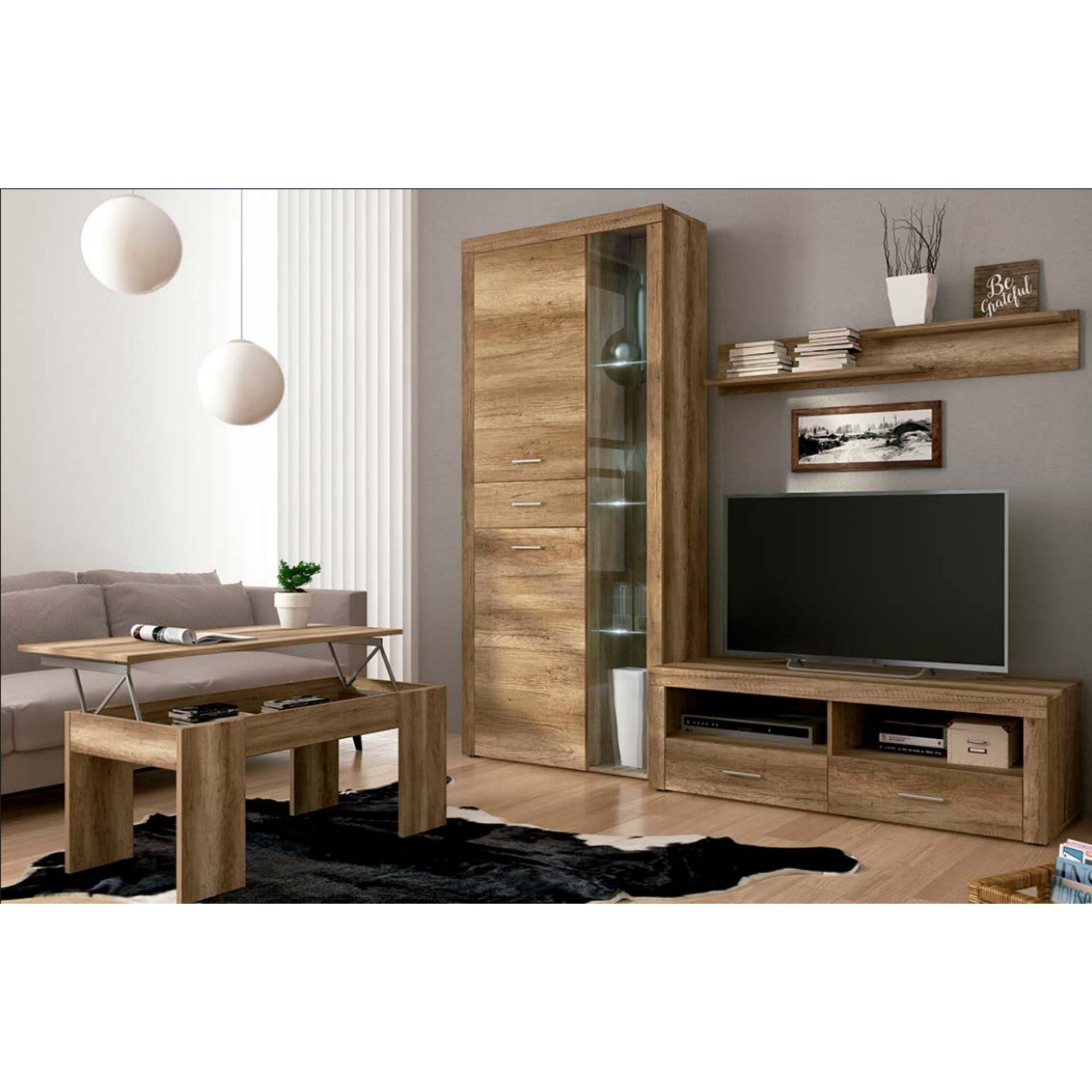Mueble de Comedor, Mueble Salón, Acabado en Color Cañón, Medidas: 230 cm (Ancho) x 212 cm (Alto) x 41,4 cm (Fondo) + Mesa Centro Elevable 45,2x100x50