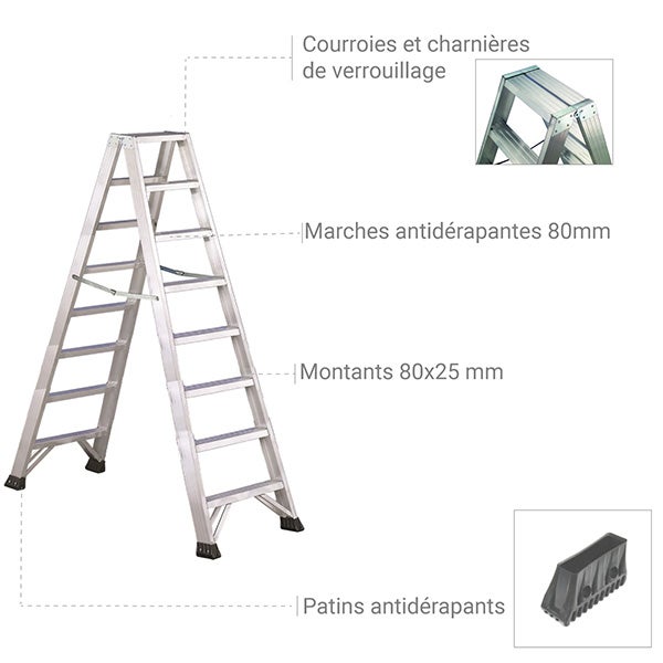 Escabeau double 2x7 marches - Hauteur max. de travail 3.77m - Longueur pliée 1,77m - SVE-SPROS015 - 3