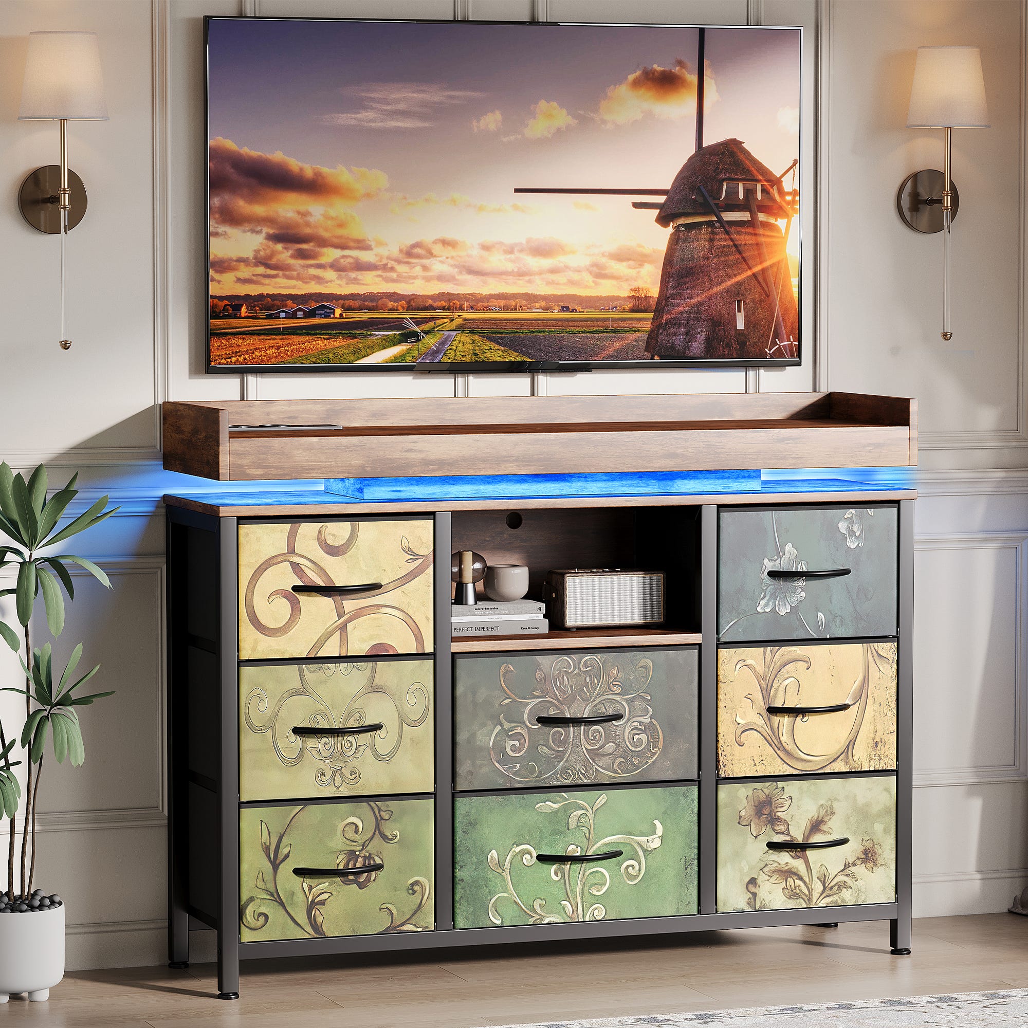 Commode à huit tiroirs avec éclairage LED et prise électrique ...