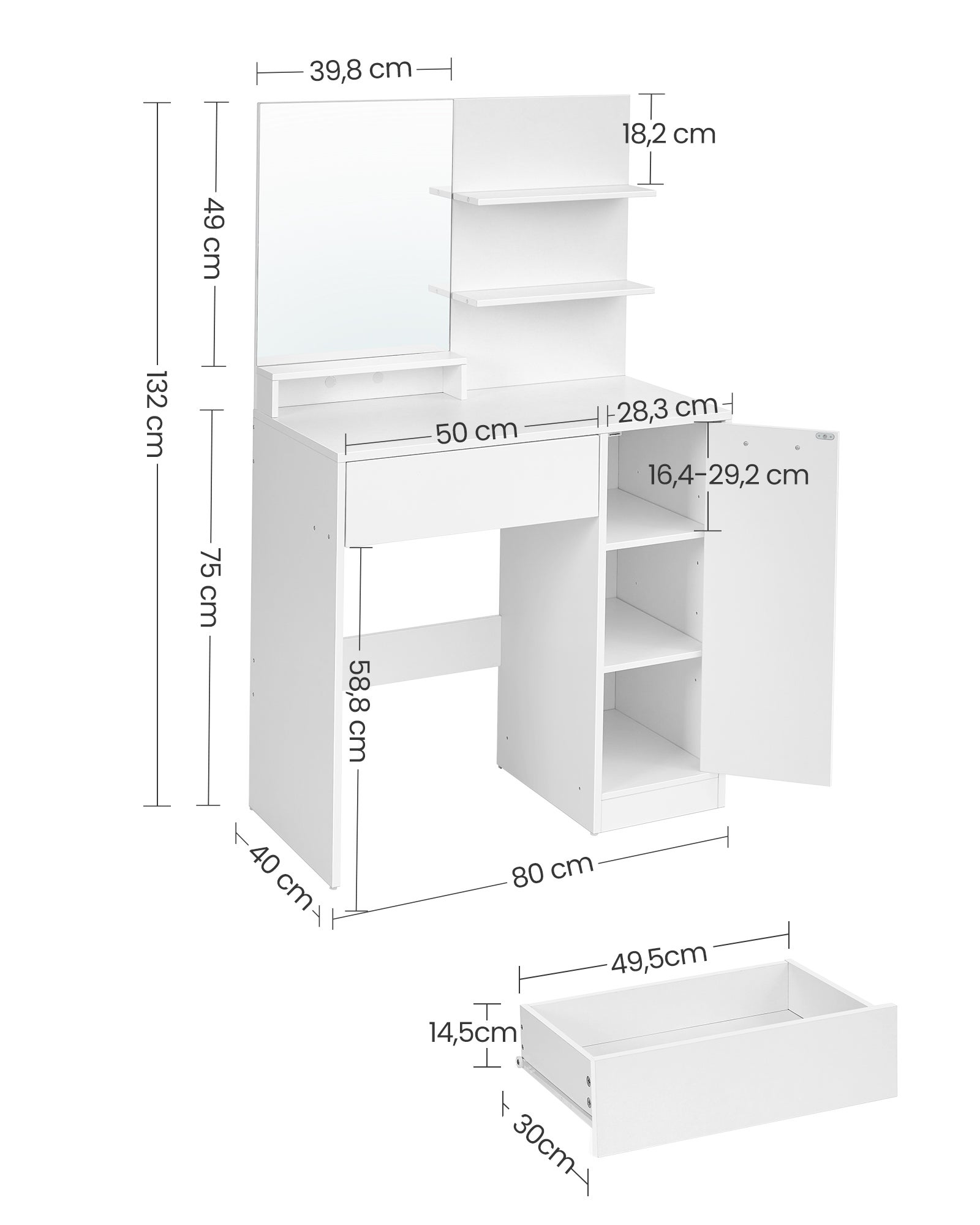 Coiffeuse, Avec Miroir Avec Étagères, 1 Tiroir, 1 porte avec 2 Étagères, blanc, 80 x 40 x 132 cm, Sans tabouret - 5