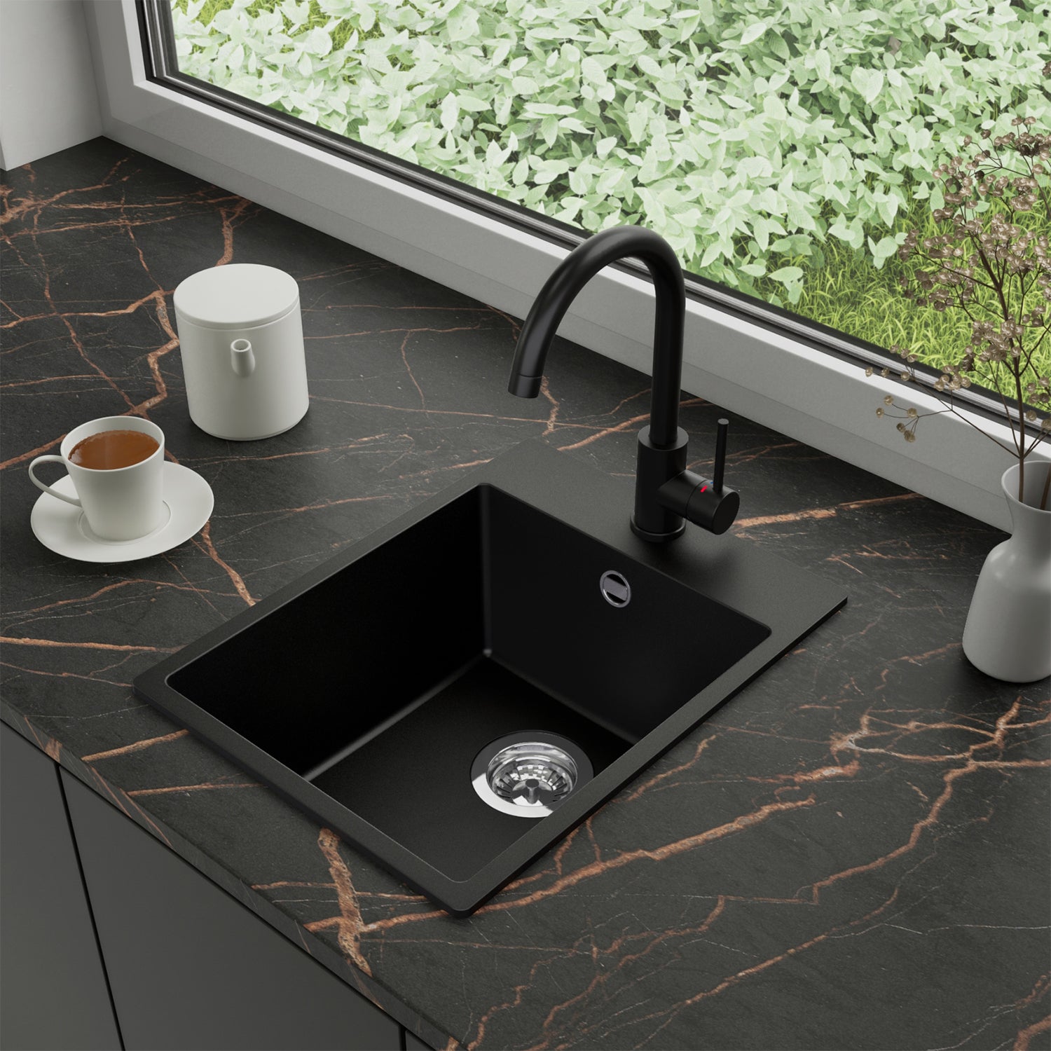 Zlewozmywak Granitowy 38x50cm, do szafki od 40cm + Bateria + Syfon - Amber Czarny STONESTYLE
