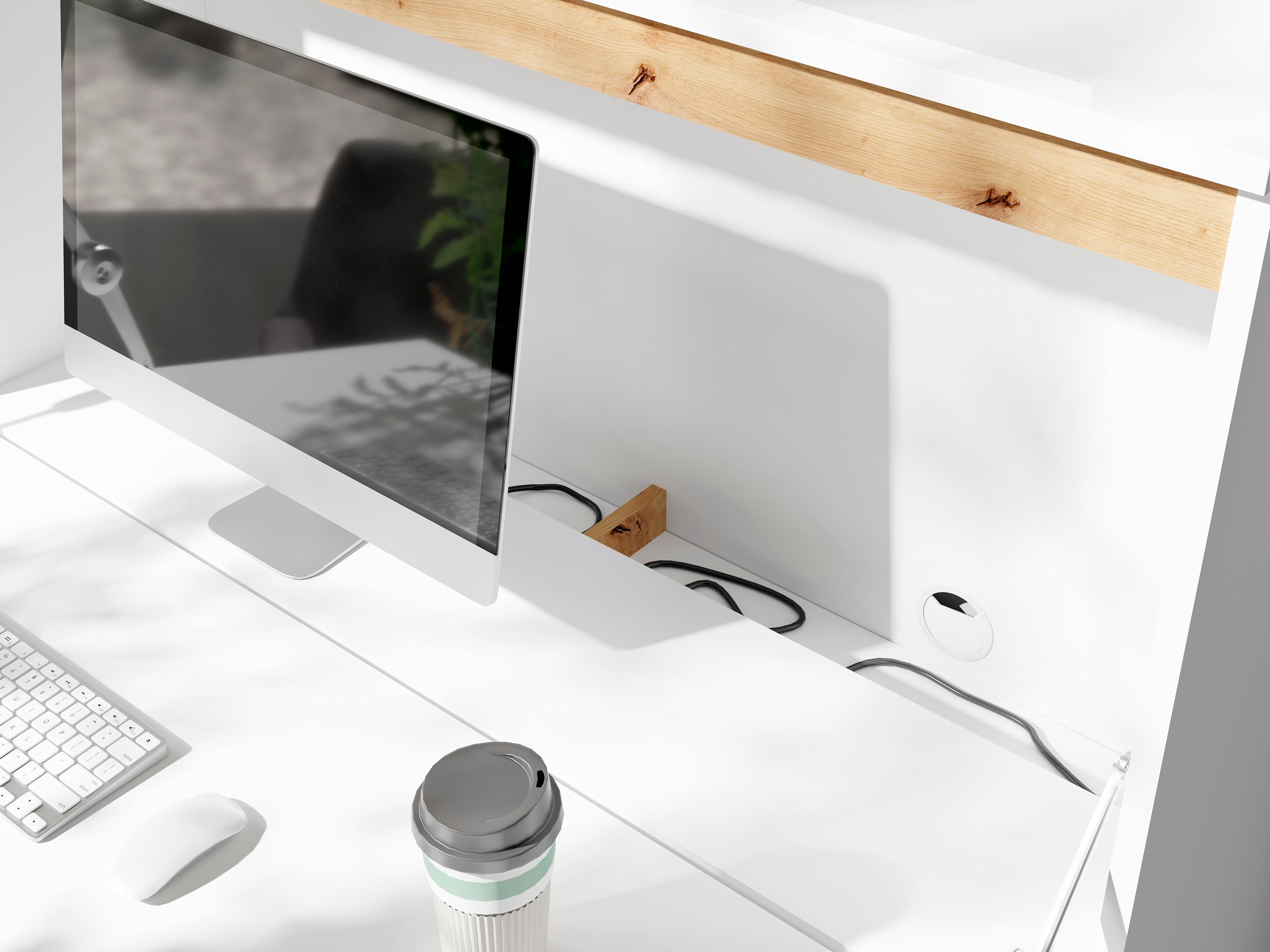 Secrétaire byLIVING VALENTIN / Secrétaire blanc mat avec imitation chêne / Armoire de bureau avec 1 porte et 3 tiroirs / L 120, H 127, P 38 cm - 7