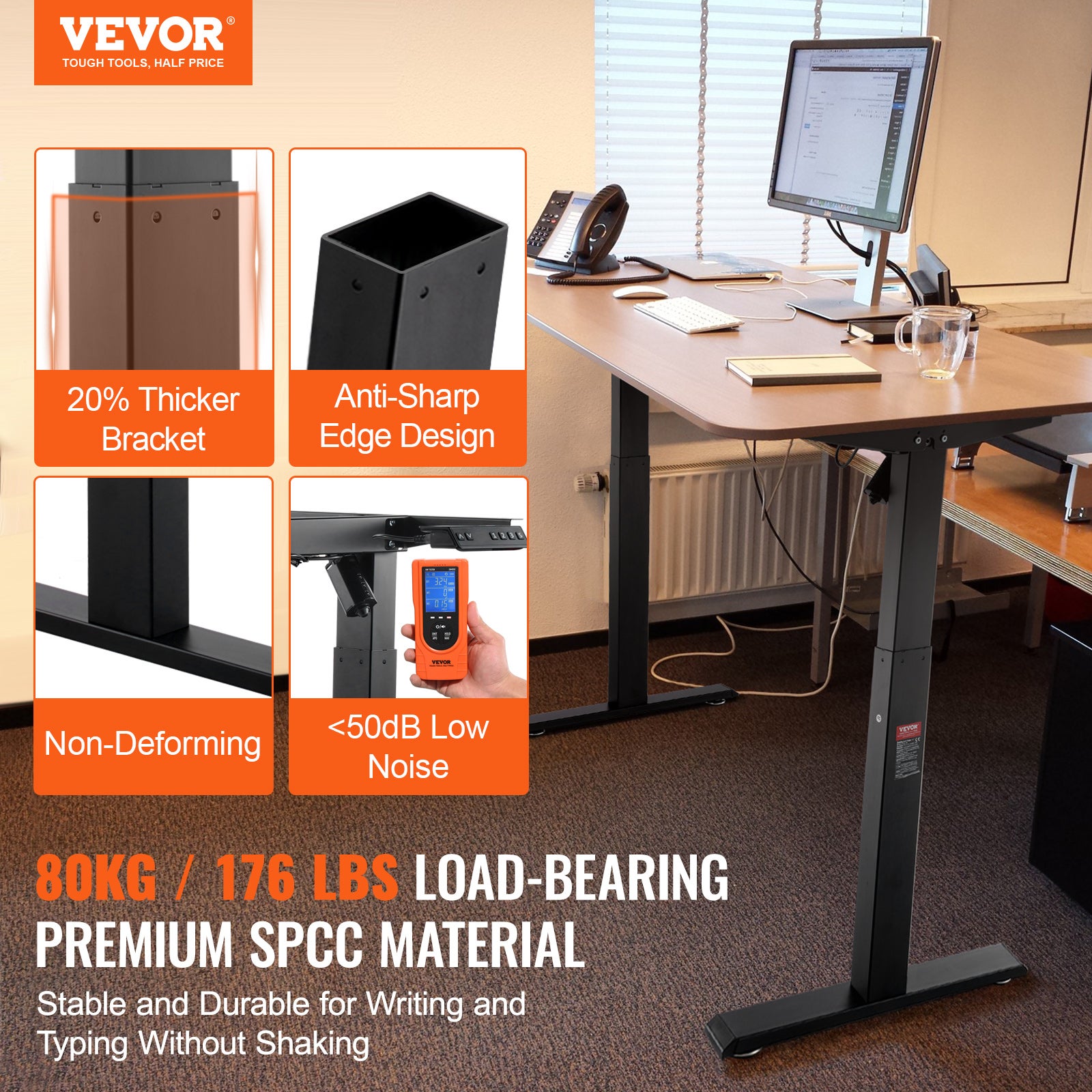 Cadre de bureau debout,hauteur réglable VEVOR 70-117 cm,pieds de bureau d'ordinateur électrique,longueur 90-135 cm,base de poste de travail noir - 2