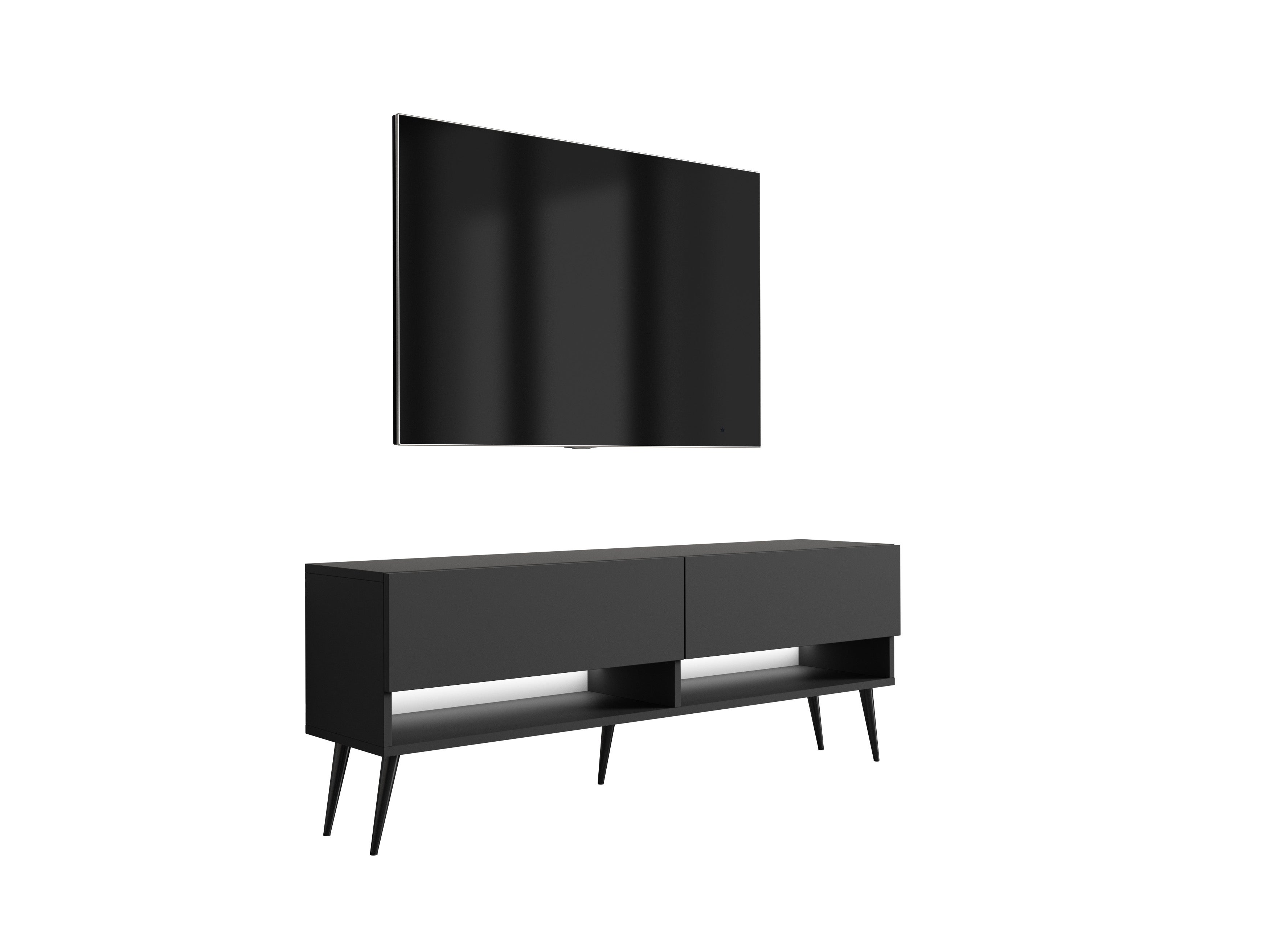 Szafka RTV : 140 cm Czarny Mat, nóżki pochyłe czarne, LED biały, 140 × 32 × 52 cm
