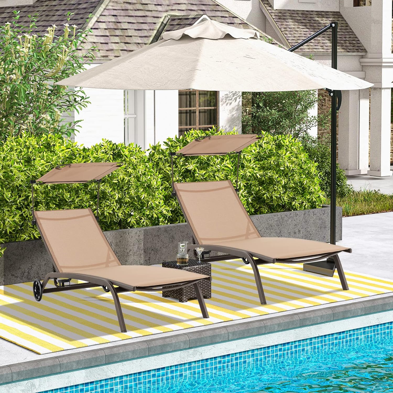 Transat Jardin Extérieur - Pare-Soleil Réglable, 165x61x96 CM, Bain de Soleil - Dossier Réglable 6 Niveaux avec Roulettes Charge 150KG, Marron - 2