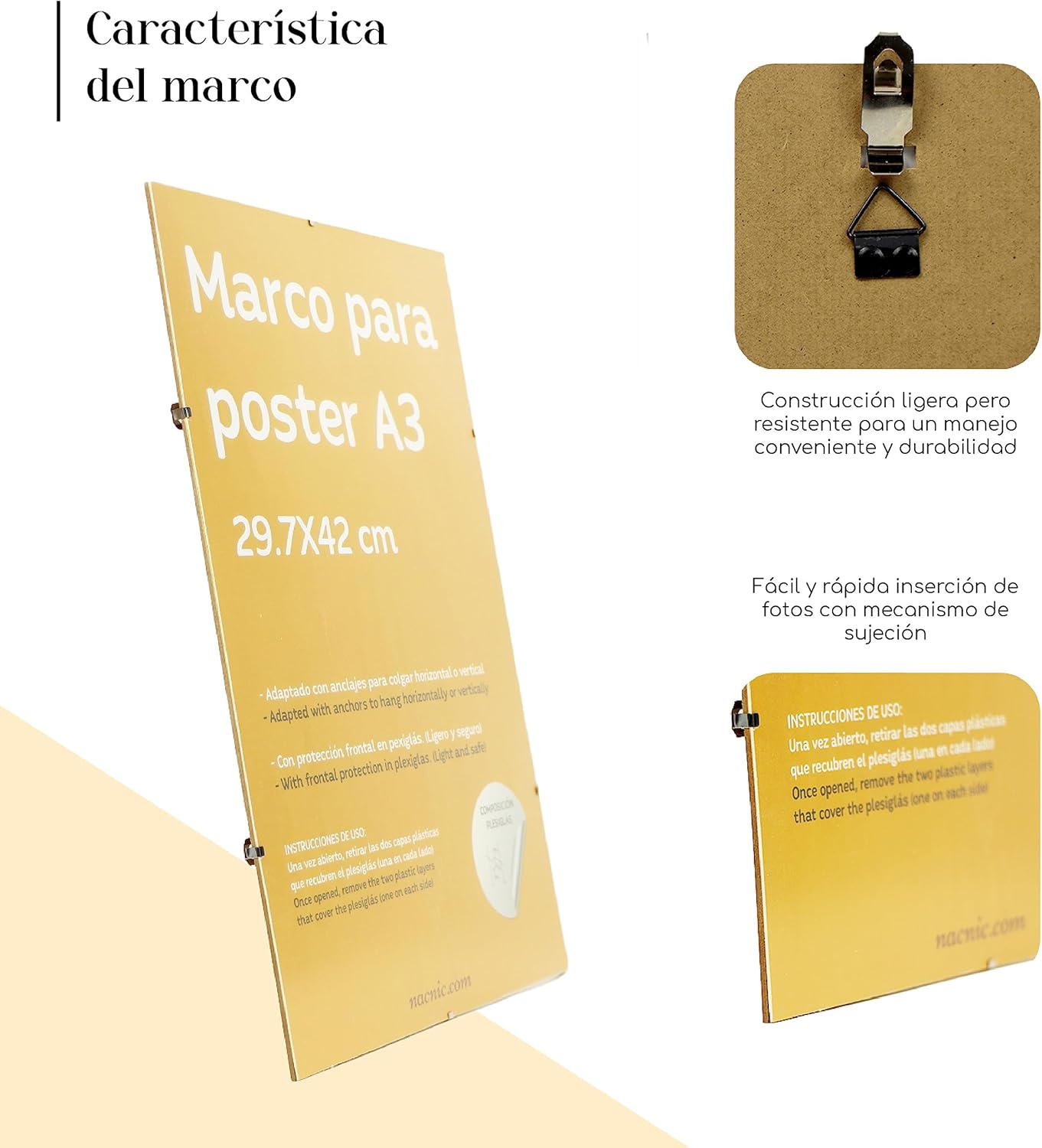 Nacnic - Lot de 8 Cadres A3 - Clip Bois MDF et Plexiglas-Photographie, Tirages, Décoration Murale pour Salon, Chambre et Bureau - 4