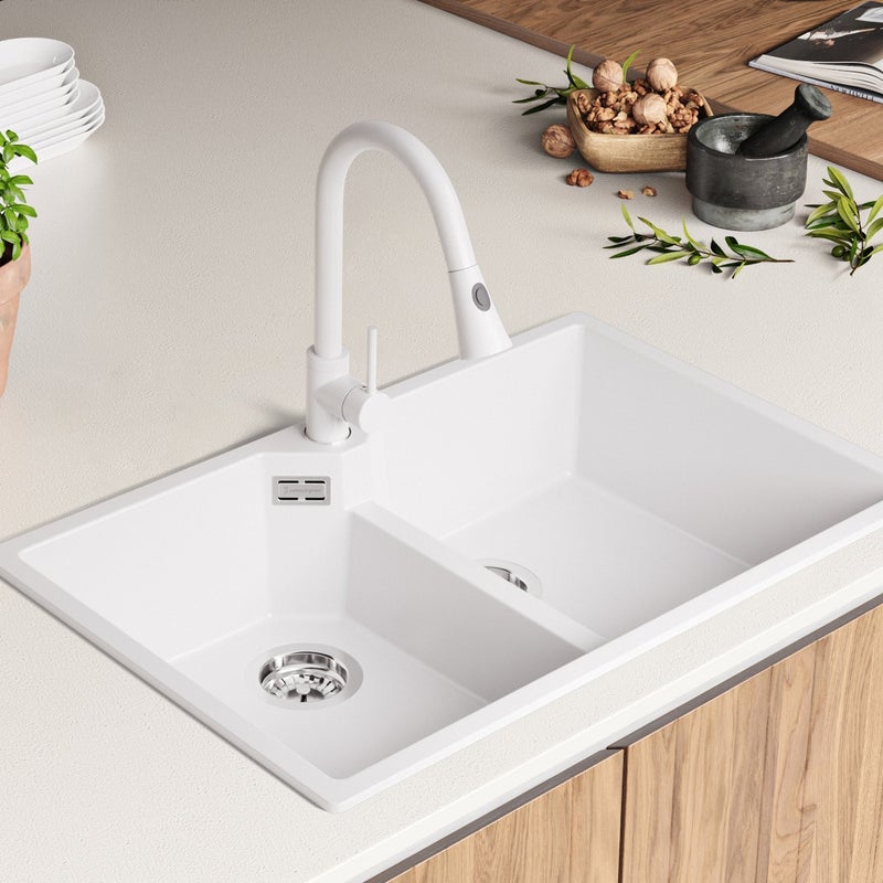 Zlewozmywak Biały 78x50cm, Zlew Kuchenny 2 Komorowy + Syfon, Nablatowy do szafki od 80cm - Madryt Twin PRIMAGRAN