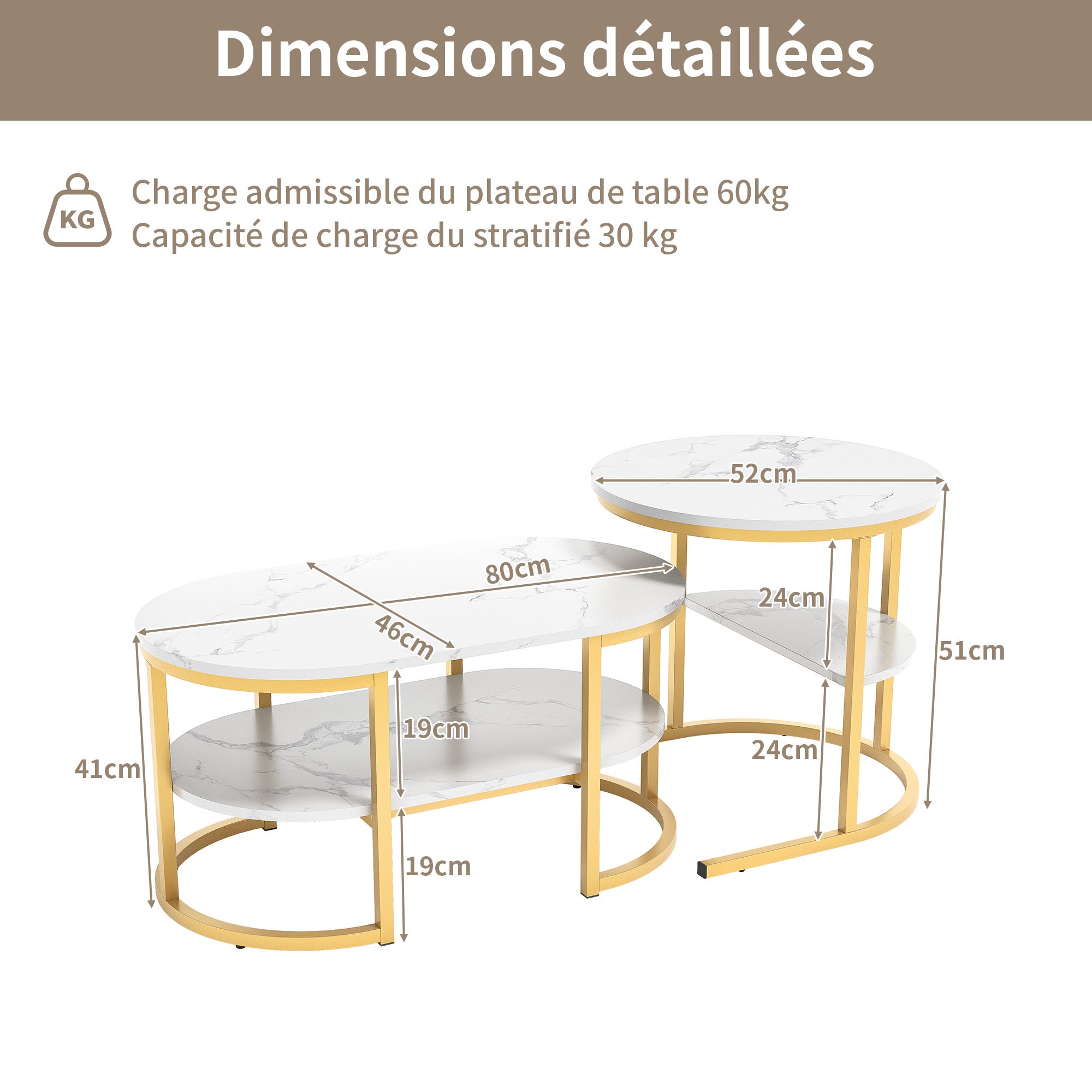 Lot 2 Tables basses gigognes ovale/ronde, 2 étagères, bois effet marbre, métal doré, scandinave, Blanc - 2