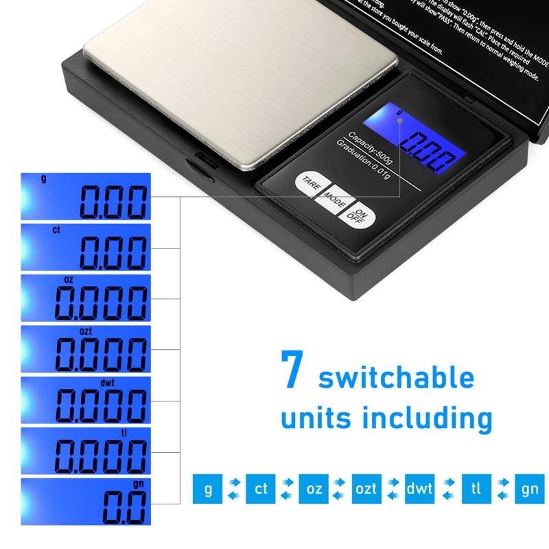 Balance Numérique Portable 500g/0.01g, Précision Élevée, Échelle pour Bijoux et Or, 7 Unités, Éclairage Arrière, Poche Mini, Professionnelle, Poudre - 4