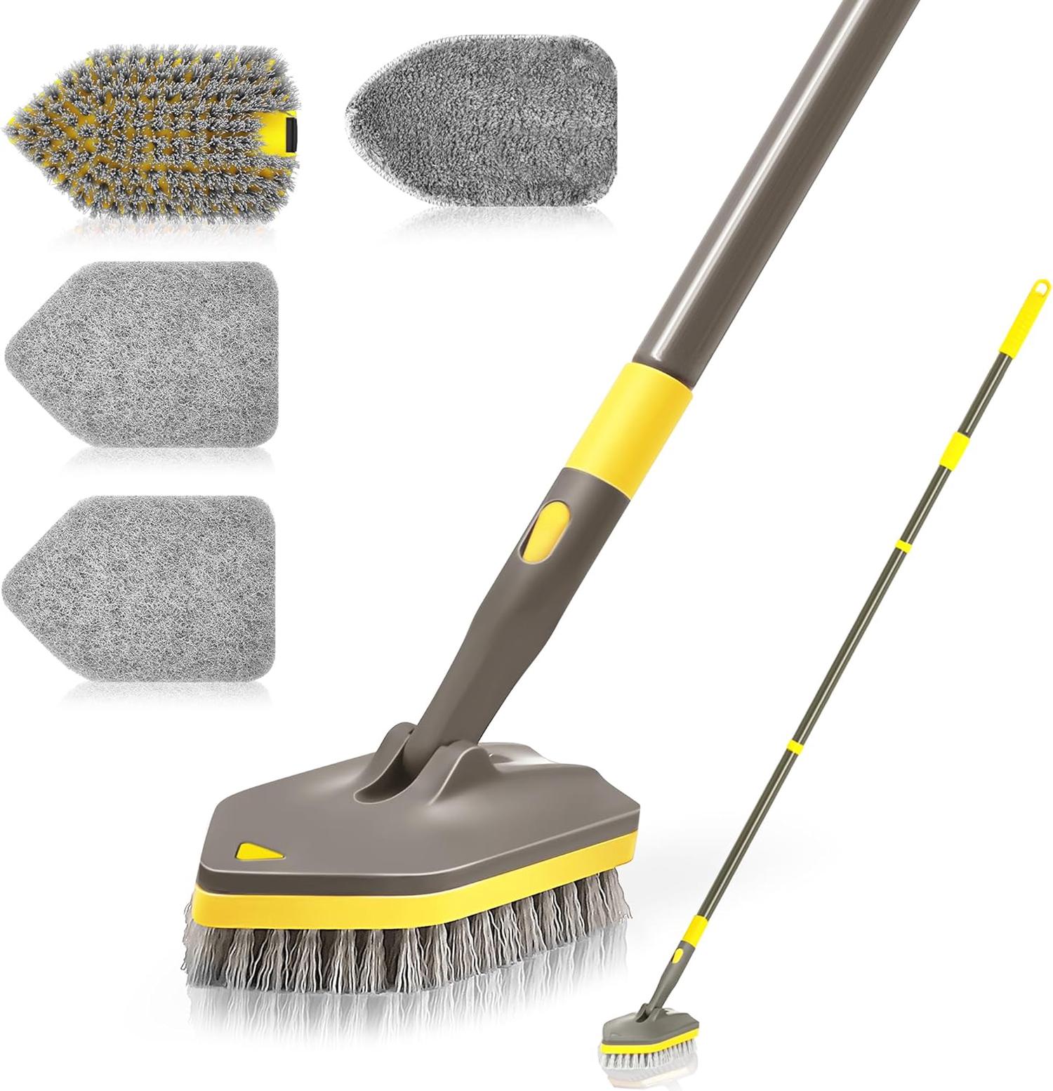 Brosse de Nettoyage, Brosse à Récurer avec Manche Long Télescopique 142 cm, 4 Têtes de Lavage pour Nettoyer la Salle de Bain, la Baignoire, Le Sol