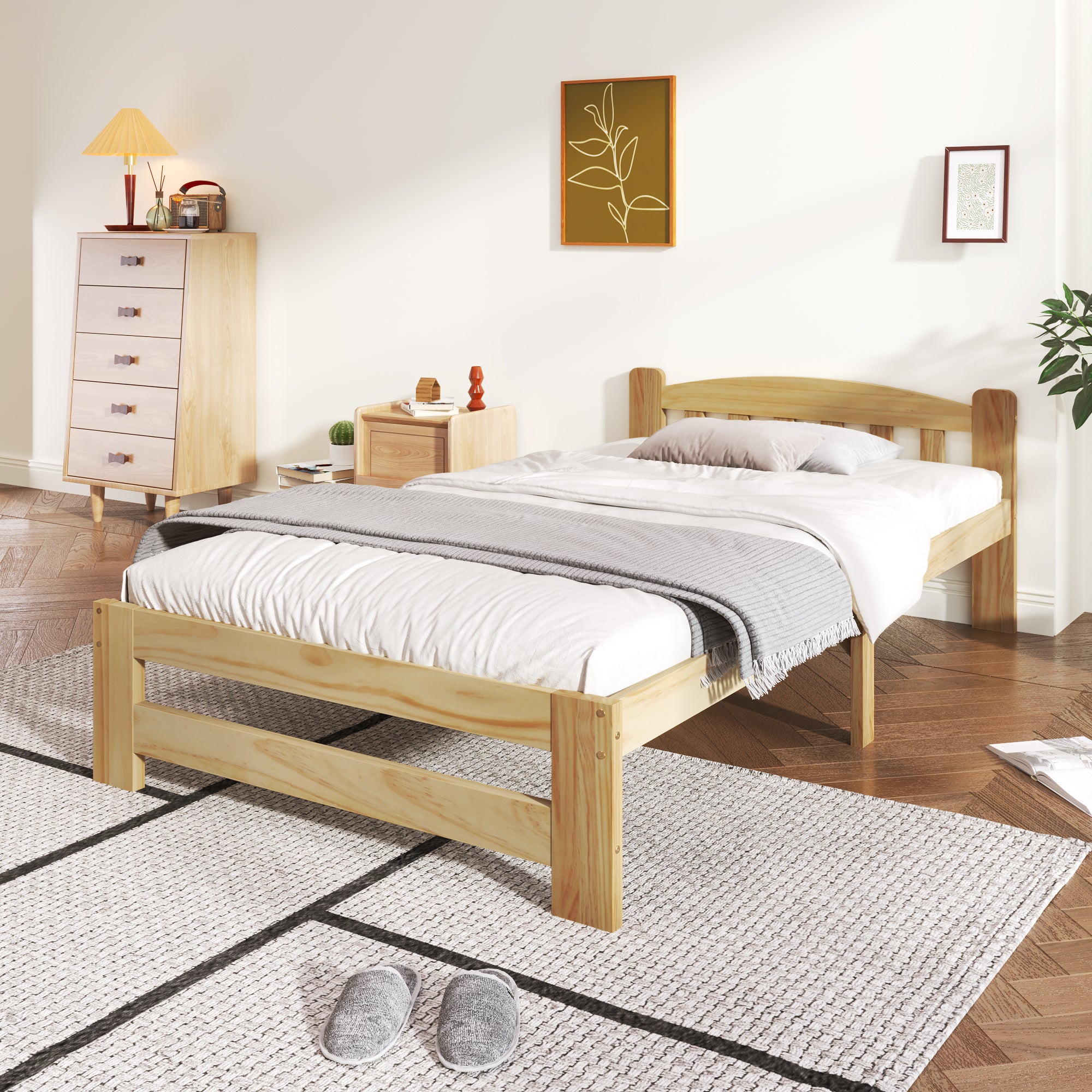 Lit En Bois - 90 X 200 cm - Avec Tête De Lit Et Sommier À Lattes - Naturel - 3