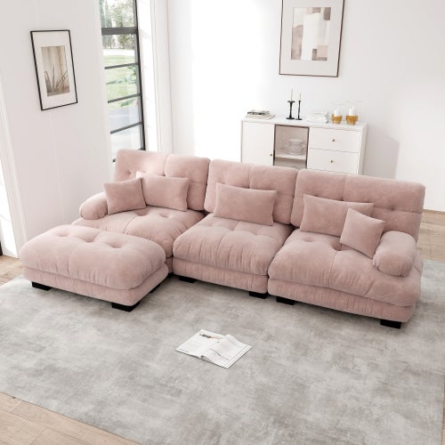 Canapé d'angle, canapé en U pour salon à 3 place avec pouf amovible, en tissu, rose - 2
