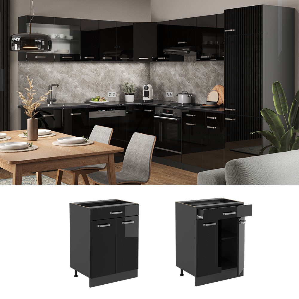 Vicco Meuble cuisine R-Line, Noir Haute brillance, 60cm avec tiroir, sans PT - 2