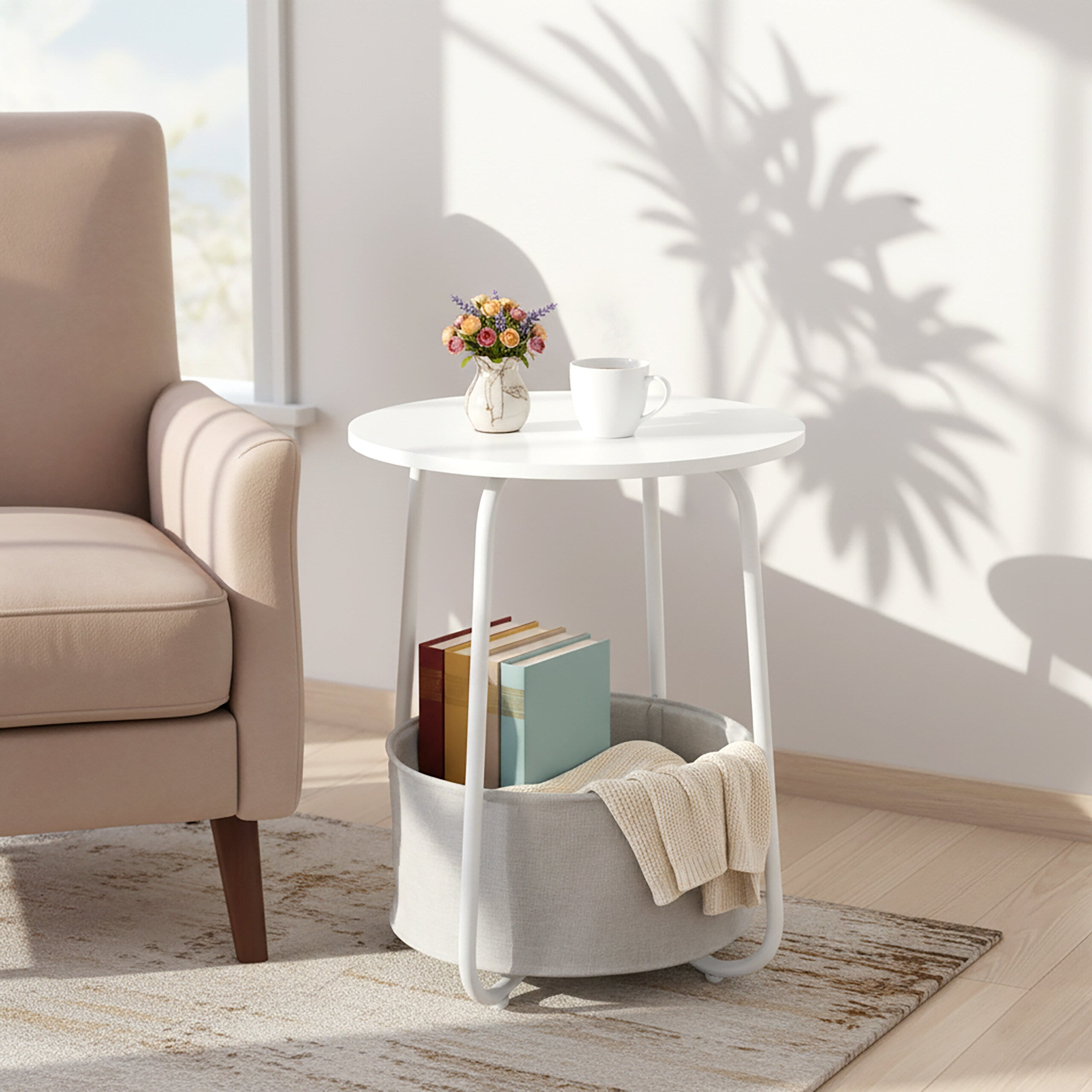Tavolino laterale, tavolino rotondo da caffè per divano, tavolino da scrivania per soggiorno, tavolino da camera da letto, ideale per interni ed esterni, 40 x 62 cm (bianco