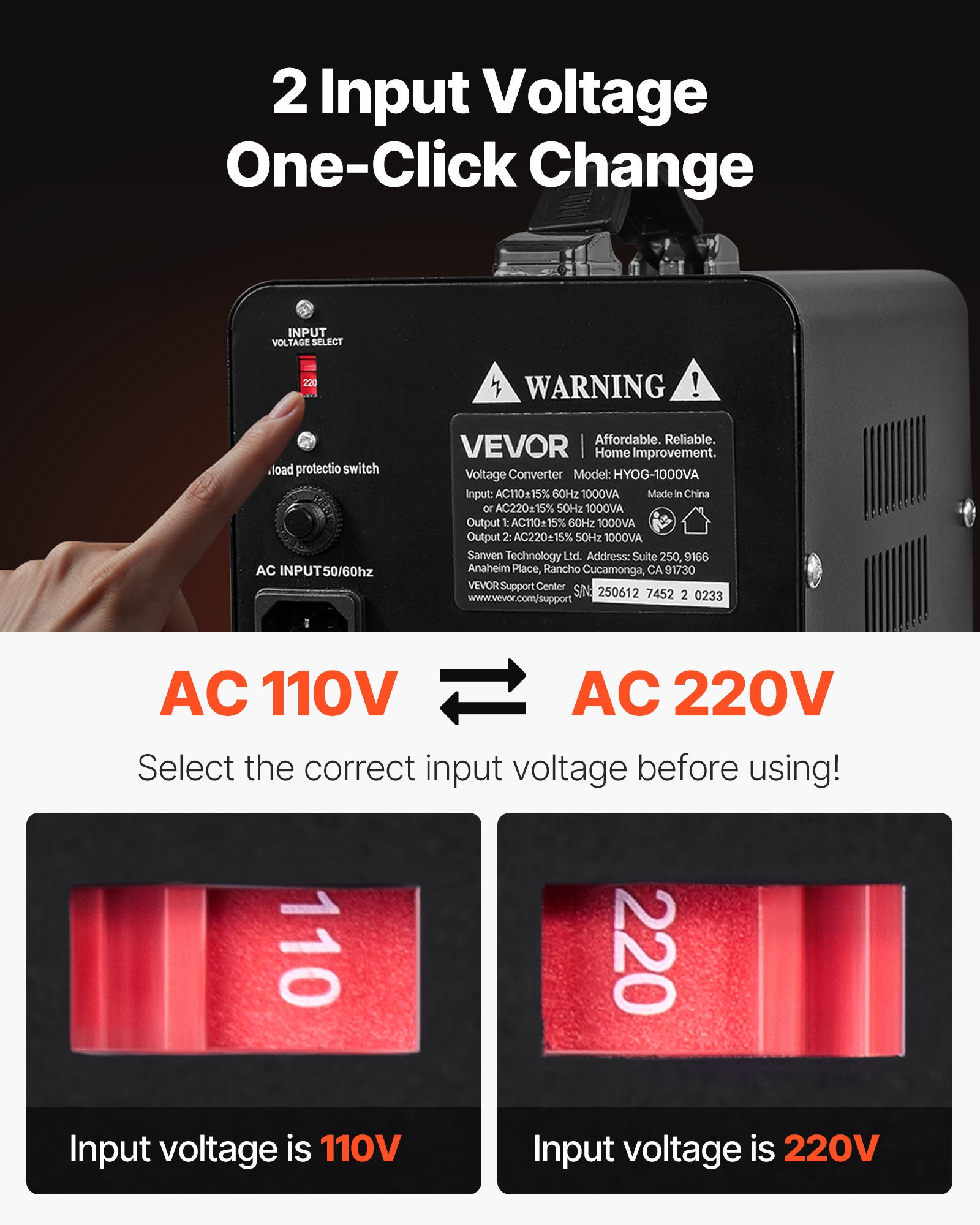 Transformateur VEVOR 220 V à 110 V et 110 V à 220 V, 1000 VA, avec Prises Américaines, Européennes, Cordon d'Alimentation, Protection par Disjoncteur - 2