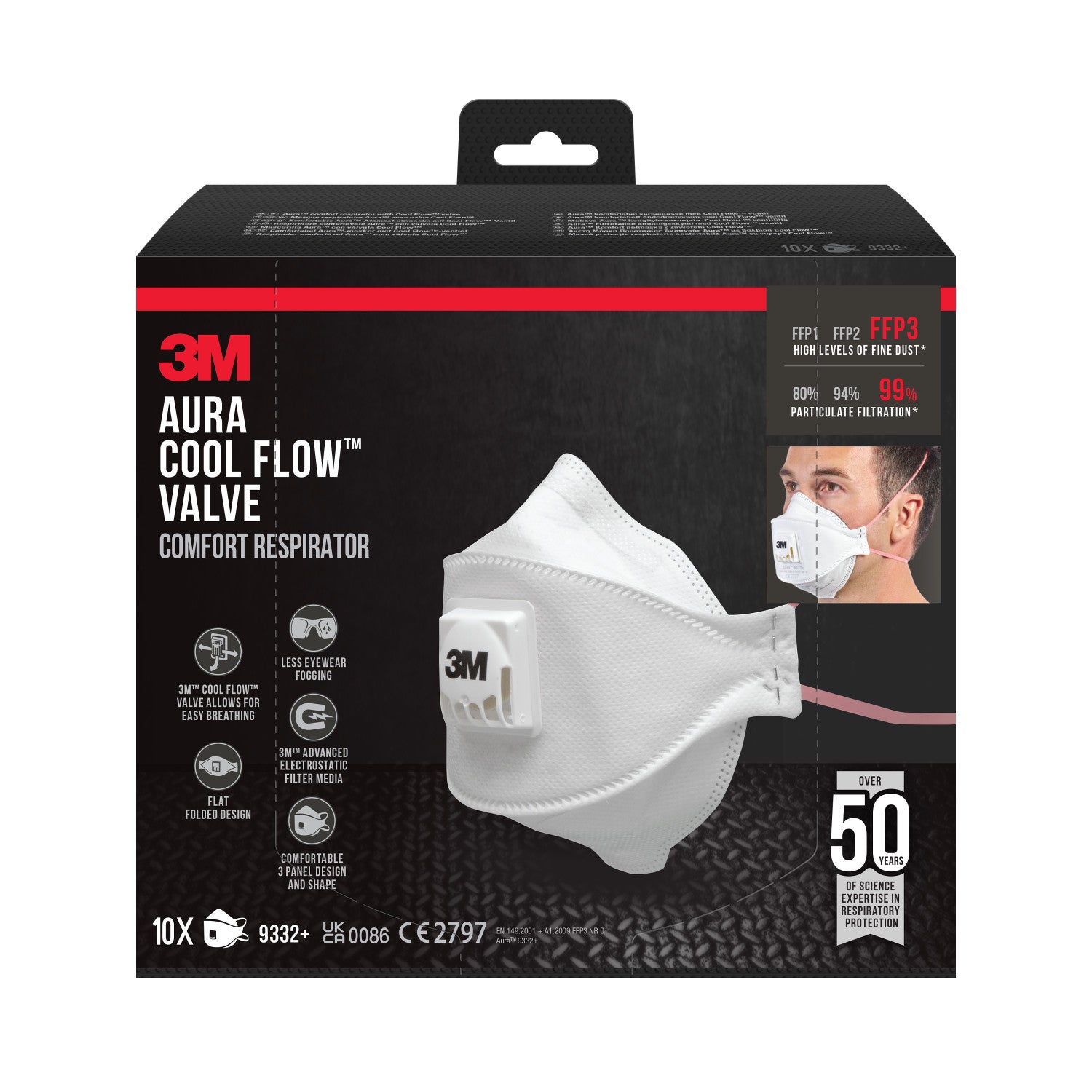 3M™ Aura™ półmaska filtrująca z zaworem Cool Flow™ 9332 PRO10, FFP3, 10 szt.