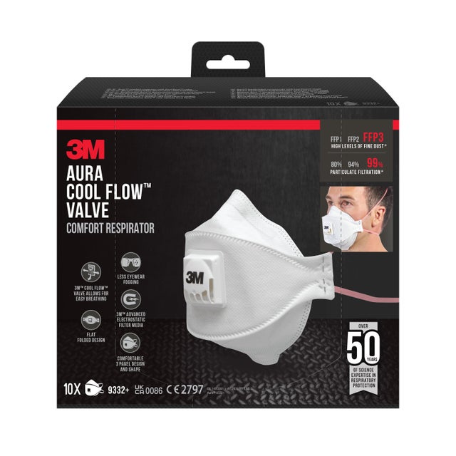 3M™ Aura™ półmaska filtrująca z zaworem Cool Flow™ 9332 PRO10, FFP3, 10 szt.
