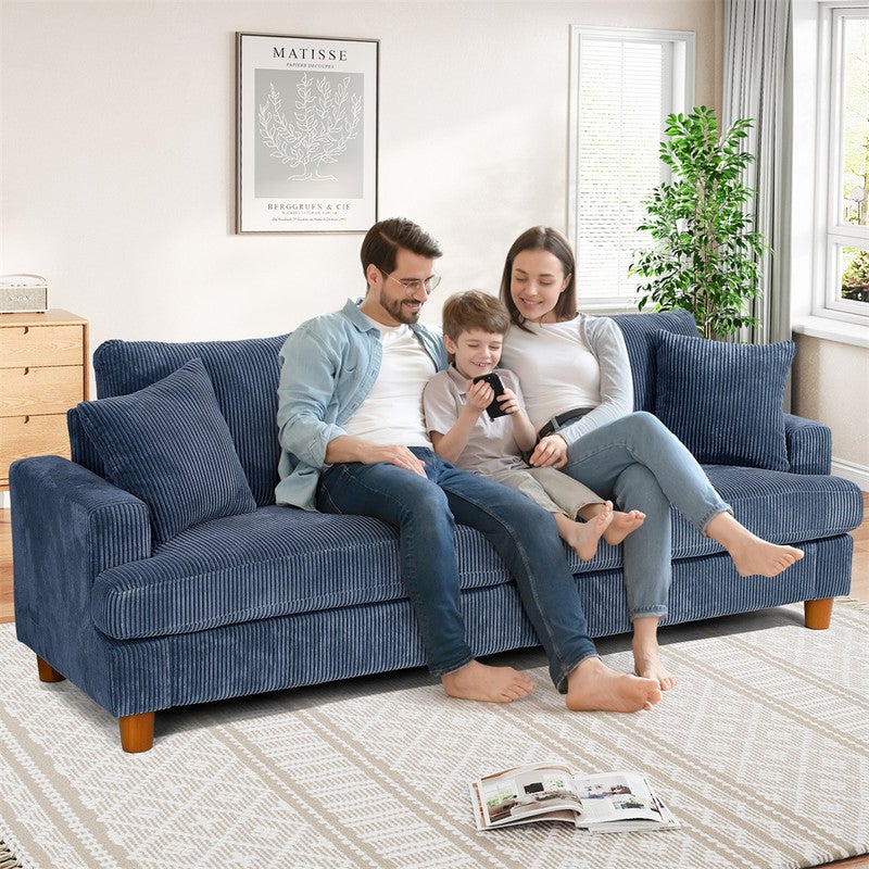 Grand Canapé 3 Places en Velours Côtelé Bleu,Canapé Scandinave avec 3 coussins et 2 oreillers pour le salon,220×76×84cm - 5
