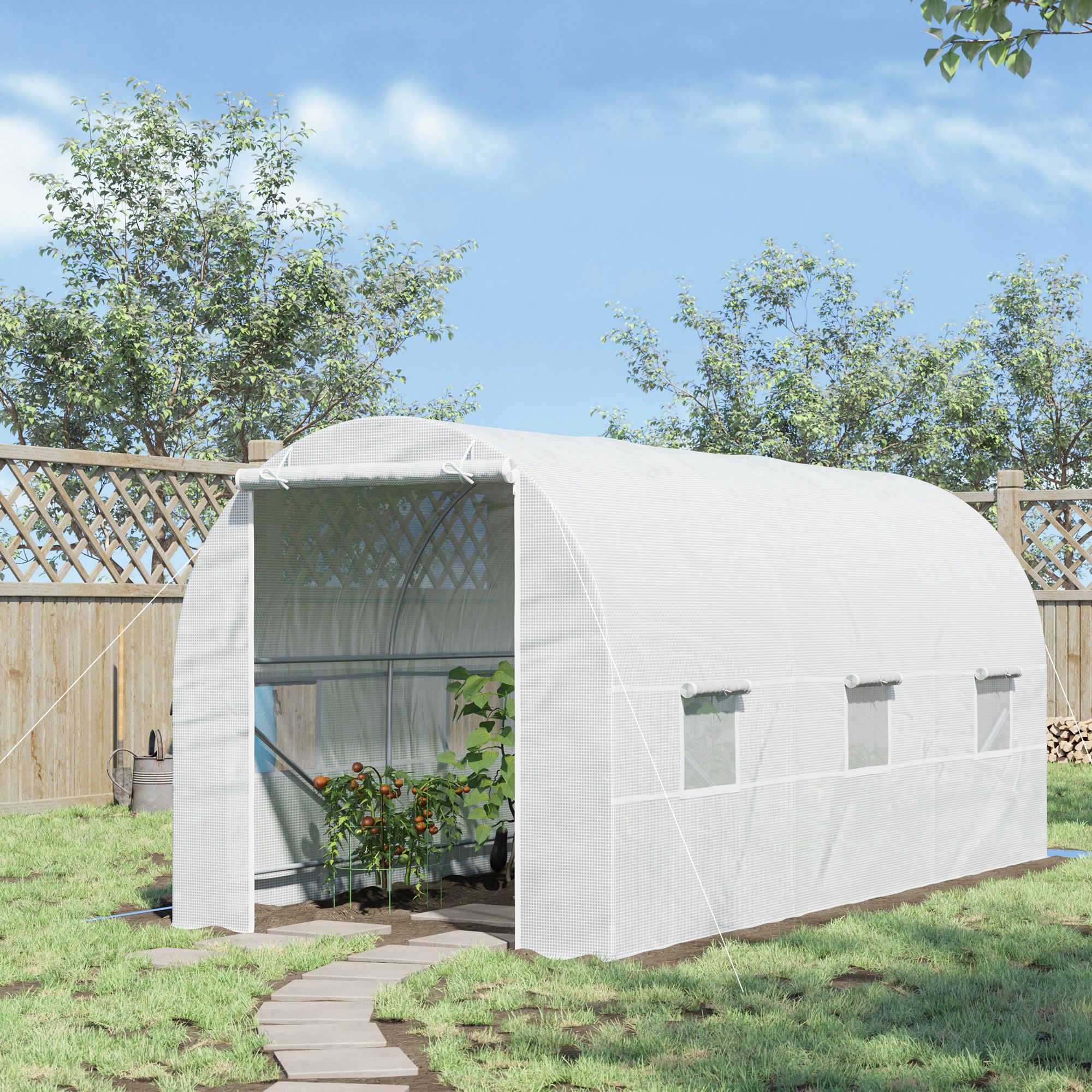 Serre de Jardin Tunnel Surface Sol 9 m² 4,45L x 2l x 2H m châssis Tubulaire renforcé 18 mm 6 fenêtres Blanc - 3