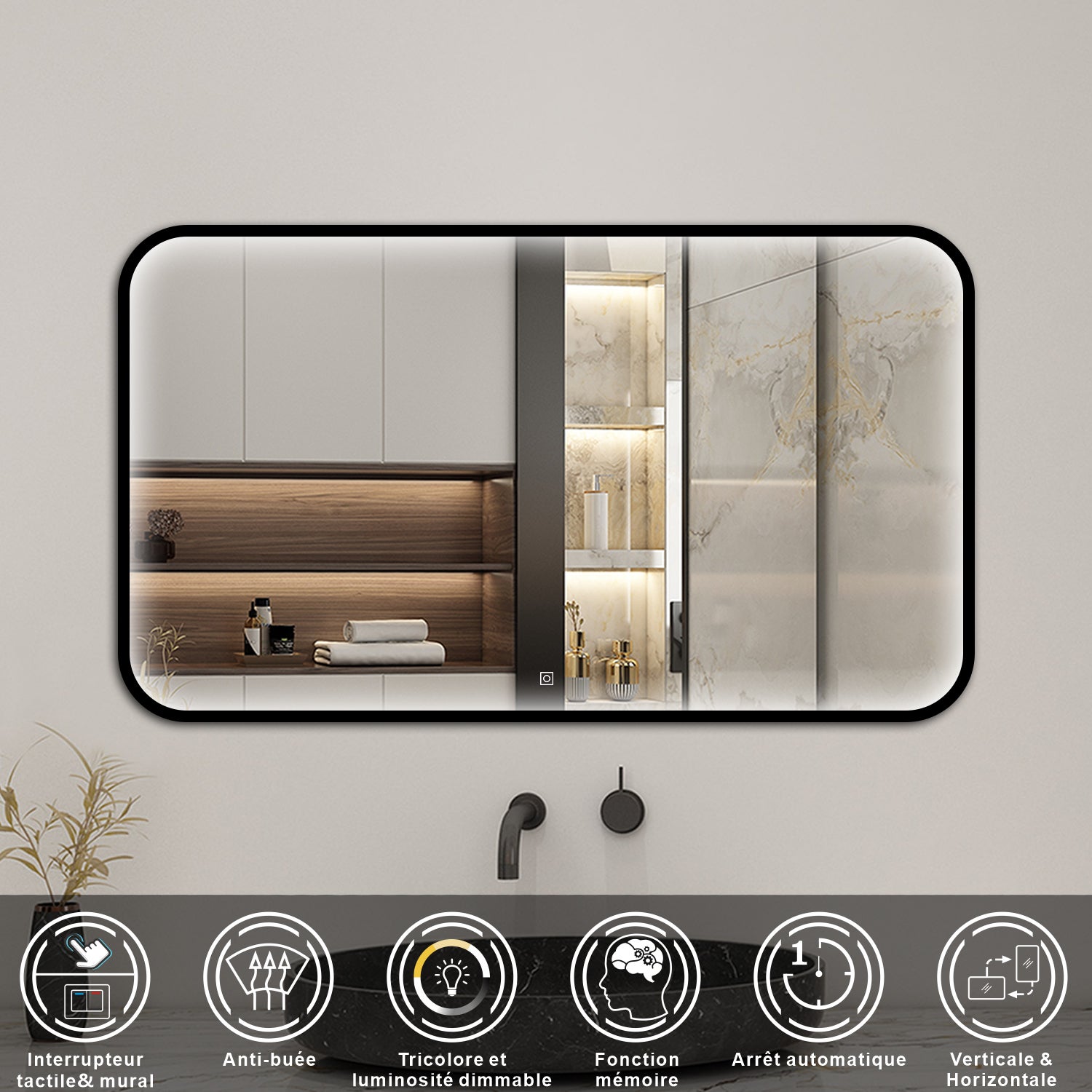 Aica Miroir lumineux de salle de bain 120x70cm Avec 3 Couleurs + Dimmable + Anti-Buée + Mémoire, Noir Cadre Métallique - 2