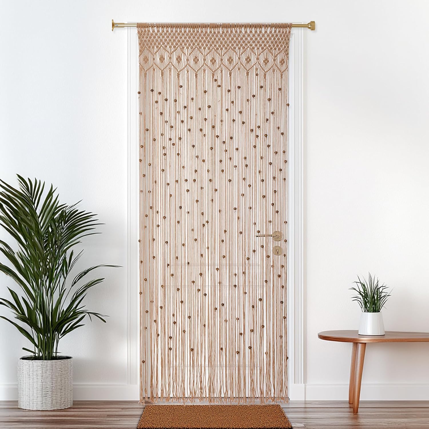Rideau de perles bohème en macramé fait à la main avec perles en bois pour fenêtre, porte, 200 x 91 cm (L x l), blanc - 6
