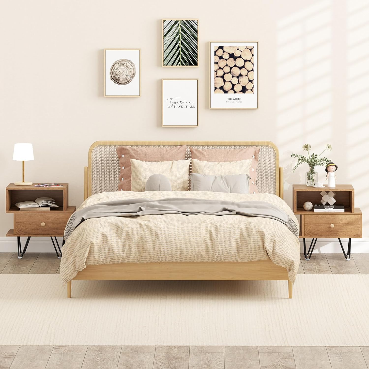 Table de Chevet Lot de 2 avec Tiroir, 4 Pieds en Métal Surélevés, Chevet de Lit Bois avec Compartiment, Design Irrégulier, Table de Nuit, Naturel - 4