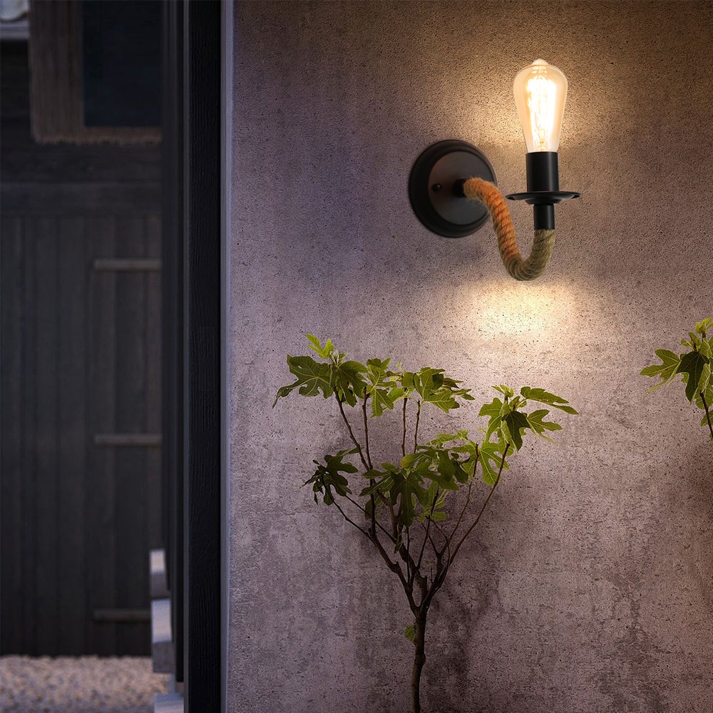 GOECO 2 Packs Applique Murale Vintage, Lampe Murale Corde de Chanvre, E27 Rétro Applique Murale Interieur pour Couloir Loft Chambre Café Bar - 2