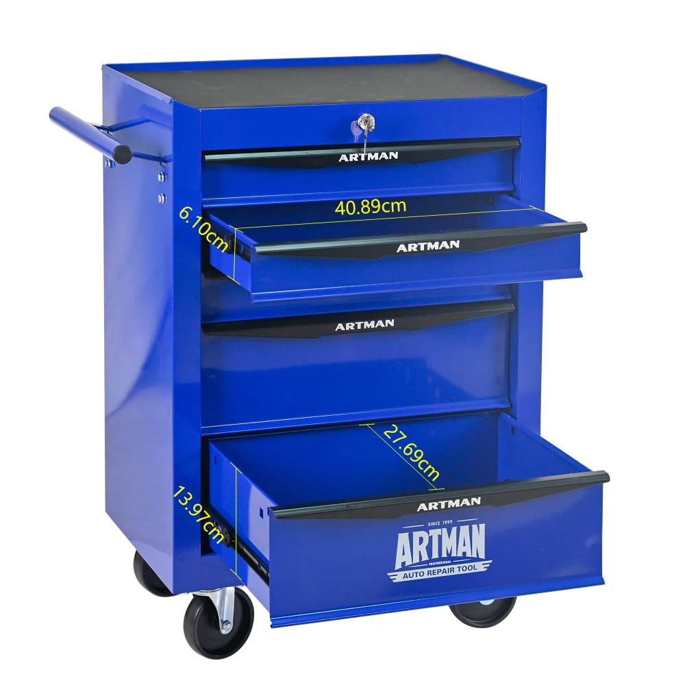 Caisse à outils roulante 5 tiroirs, glissières à billes, coffre en acier, organiseur, noir et bleu. - 6