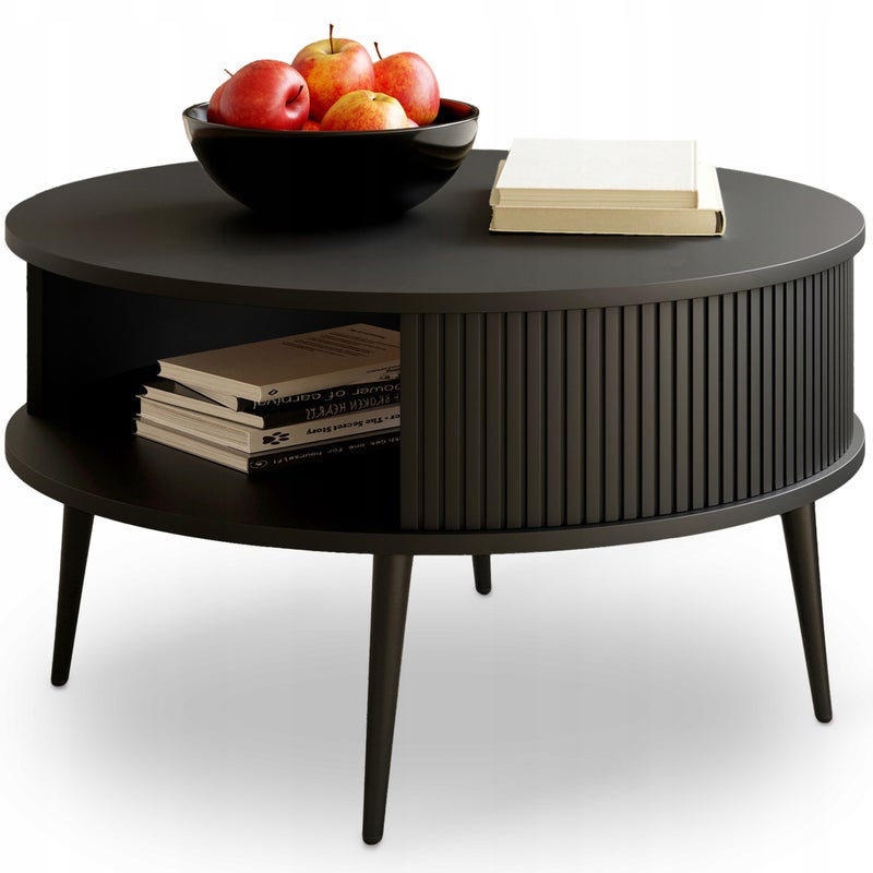 Stolik Kawowy CZARNY Lamele Okrągły VERLO 76 cm Loft Nowoczesny PREMIUM
