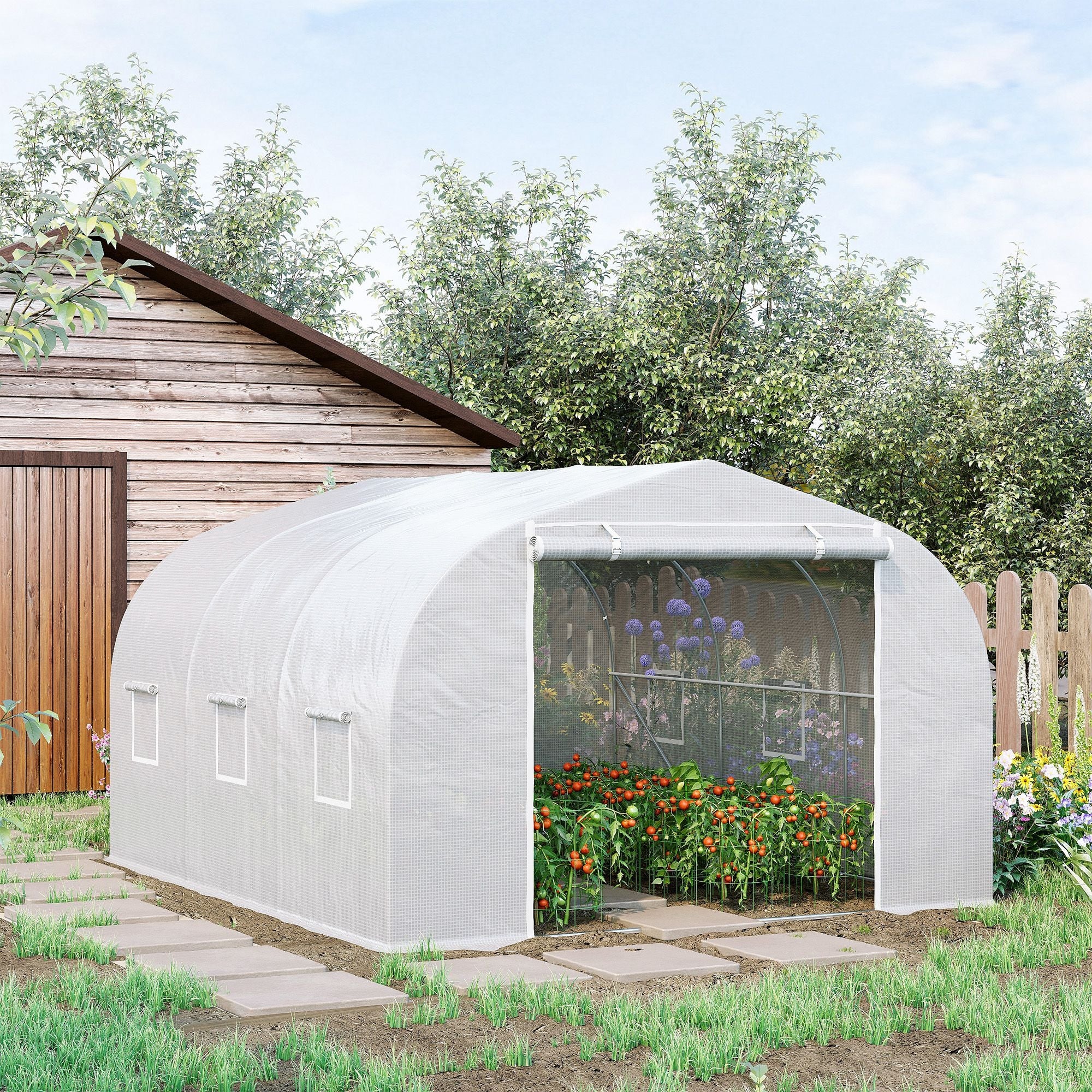 Serre de jardin serre tunnel de Jardin dim. 3,5L x 3l x 2H m Porte + 6 fenêtres enroulables Acier galvanisé bâche PE Haute densité Blanc - 3