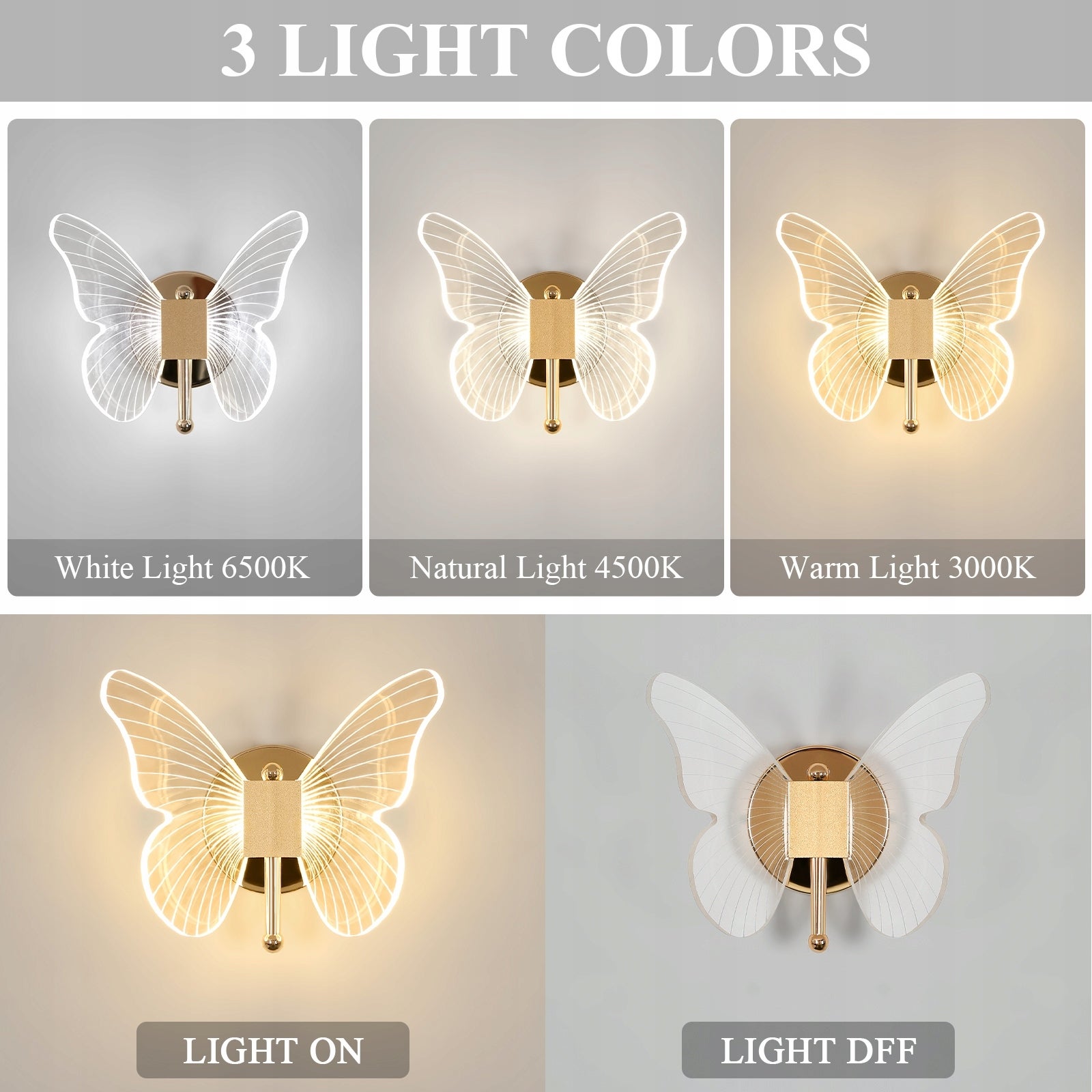 GOECO Applique Murale LED de Chevet,Or, en Acrylique, 10W Lumière Tricolore 6500K+4500K+3000K, pour Chambre - 3