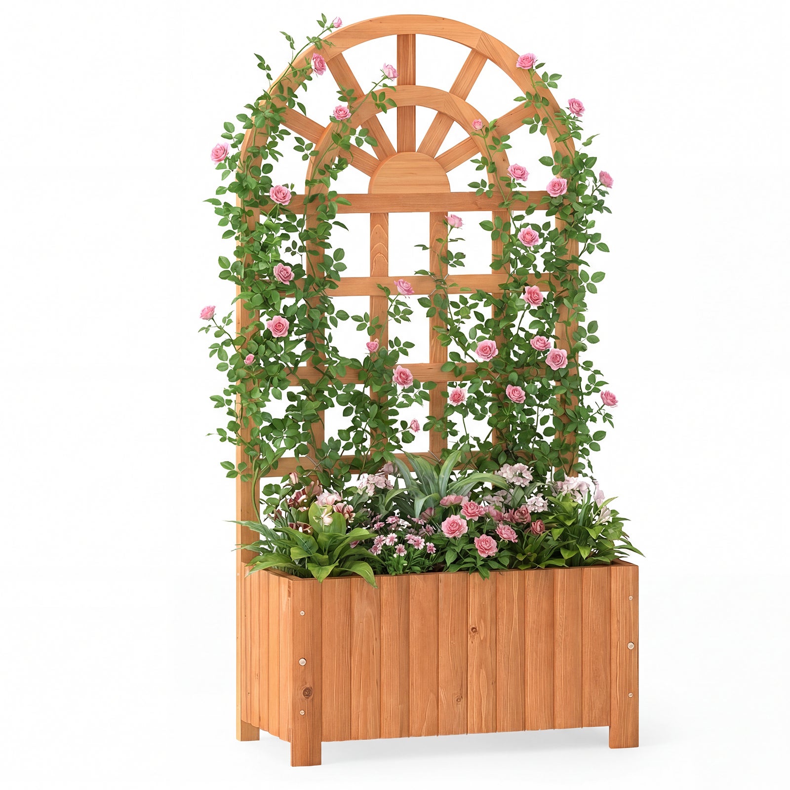 Jardiniere din lemn cu grilaj, pat de grădină supraînălțat paravan intimitate și orificiu drenaj, jardiniere exterior, 61 x 30 x 121 cm, maro