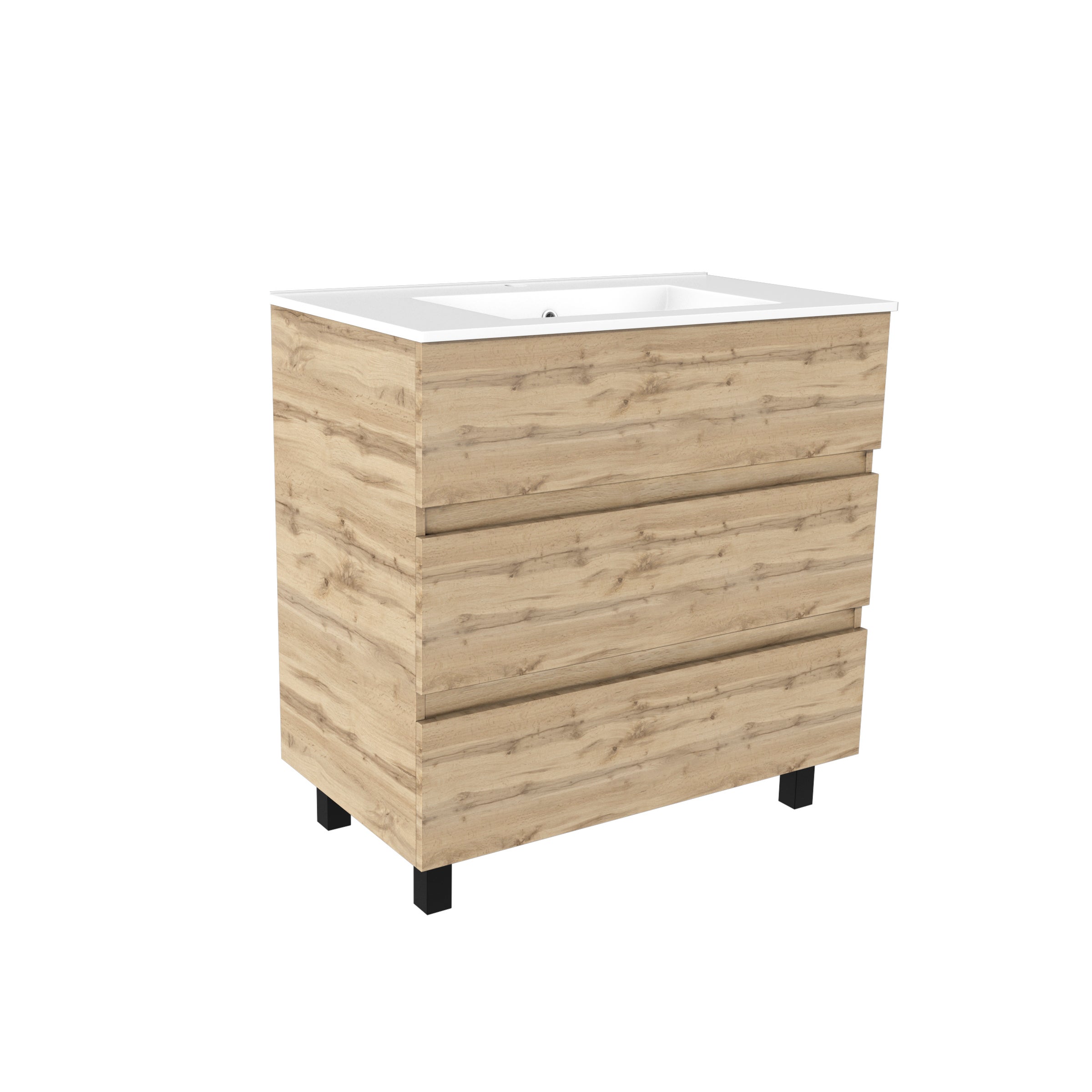 Meuble de salle de bains 80cm 3 Tiroirs_Chêne Naturel + Vasque céramique blanche - TIMBER 80 - 3