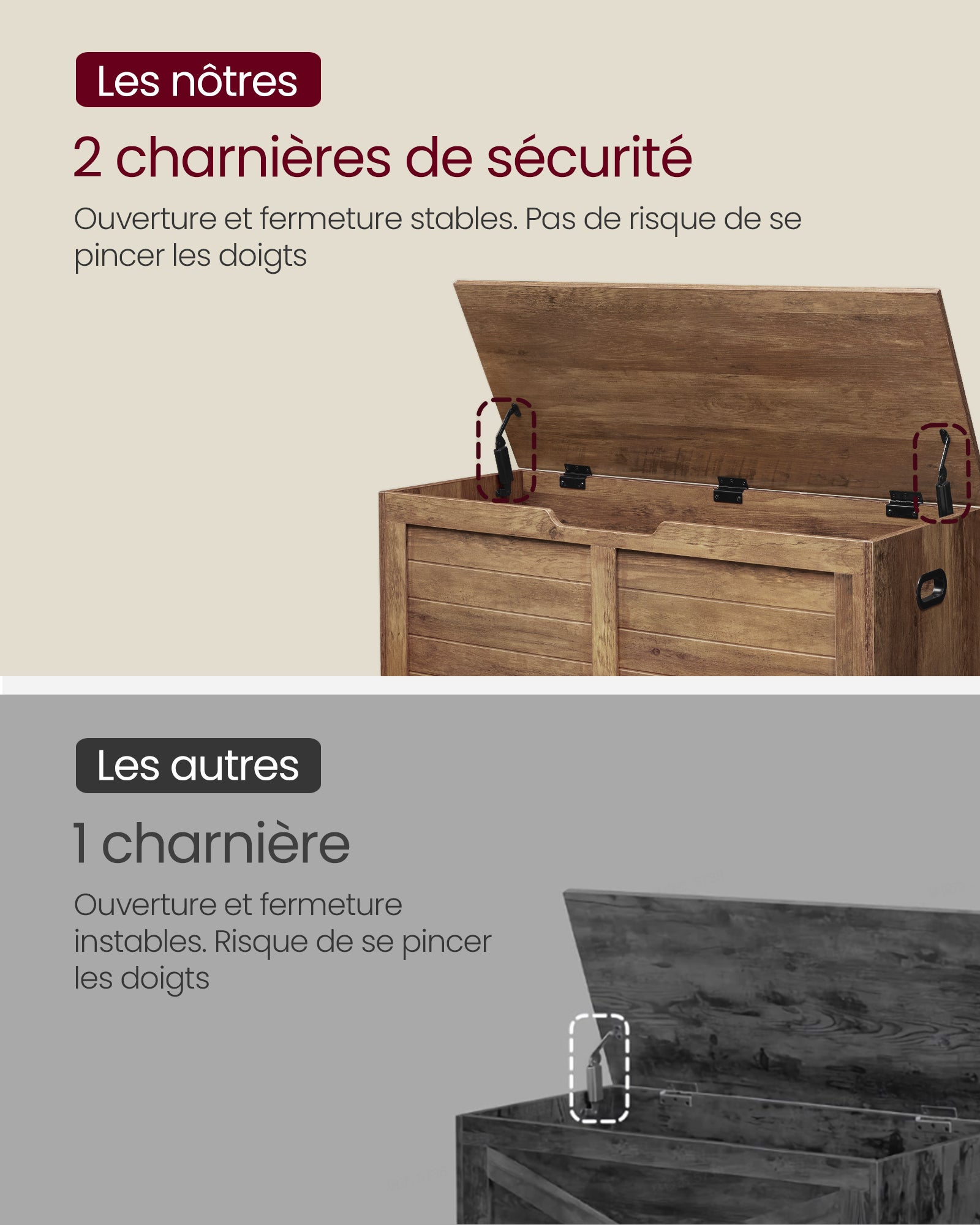 Coffre de Rangement, Banc de Stockage, 2 Charnières de Sécurité, , 40 x 100 x 46 cm, pour Entrée, Salon, Marron Miel - 6