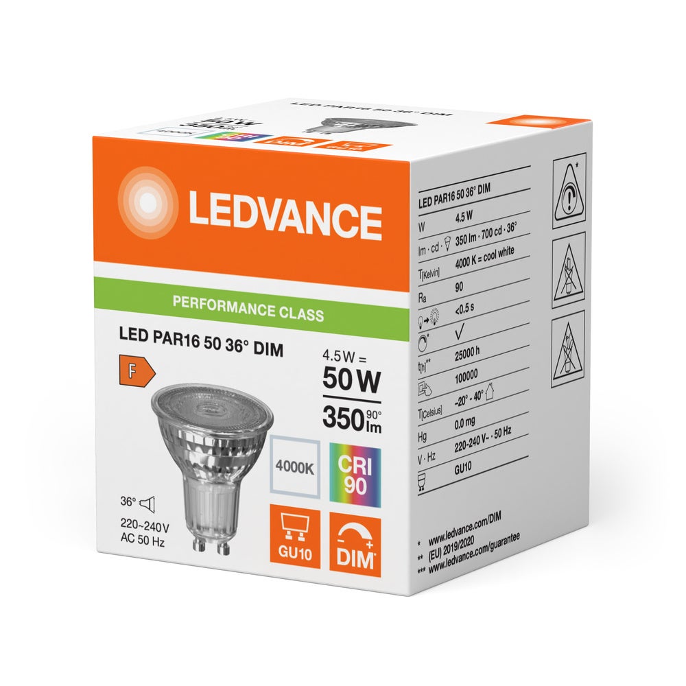 ampoule à led - osram performance - gu10 - 4.5w - 4000k - 36d - 350 lm - par16 - dimmable - osram 045509 - 5