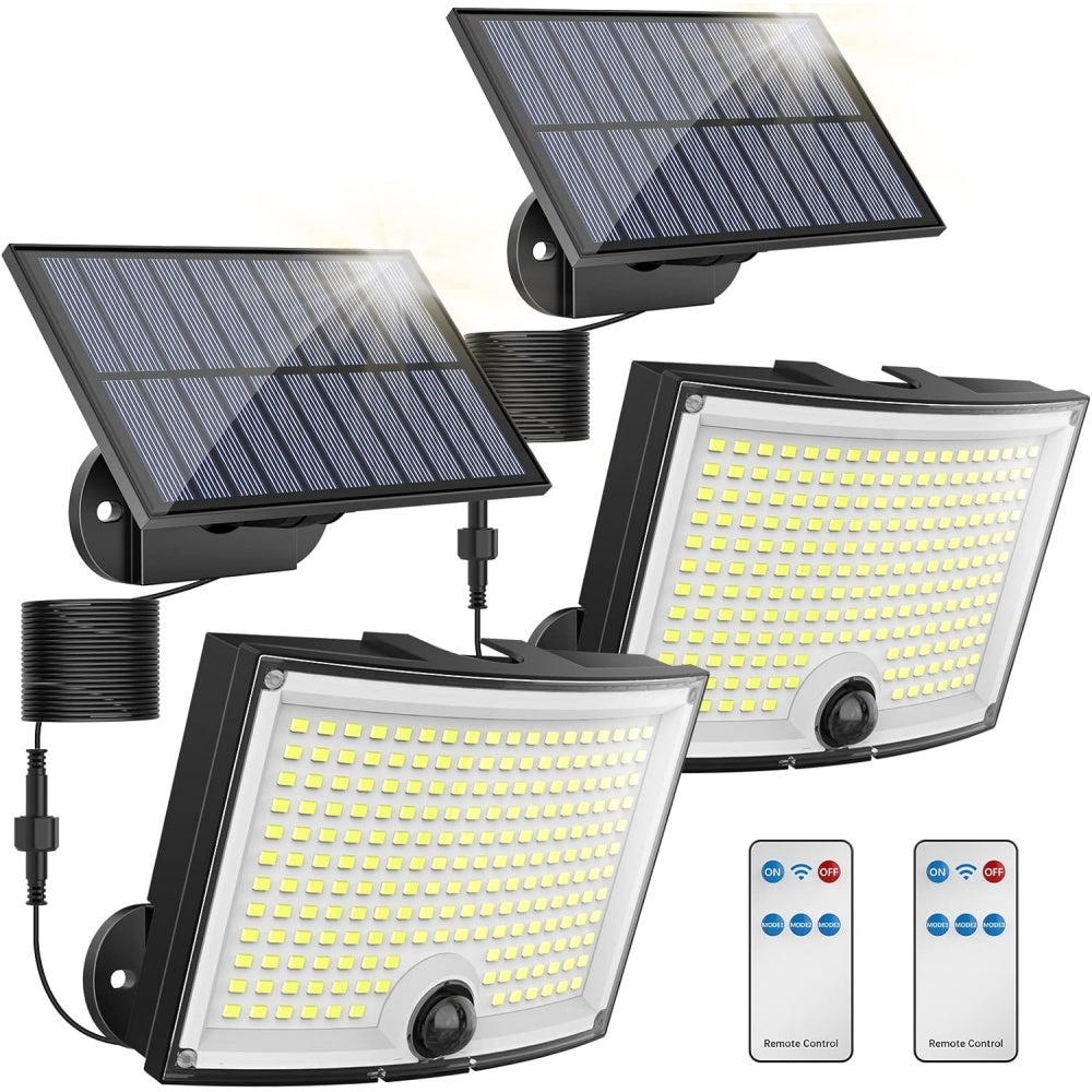 Lampa solarna zewnętrzna 202 LED, czujnik ruchu, pilot, 2000 mAh, IP65, kabel 5 m, zestaw 2, ogród garaż podwórze
