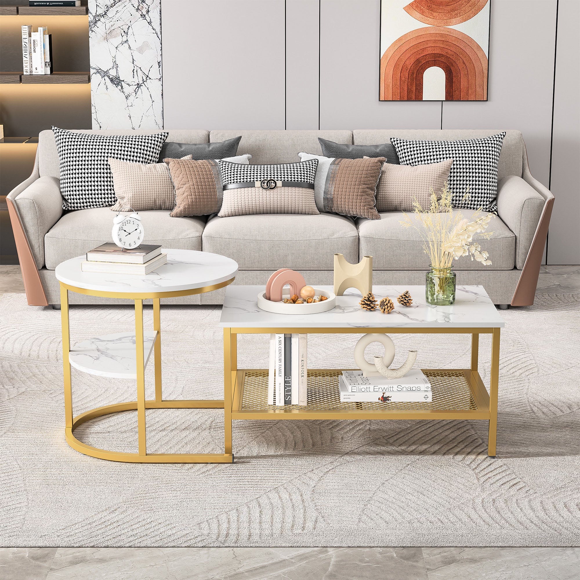 Tables Basses, Lot de 2, COZY, avec Placage de Marbre Blanc, Cadre en Métal Doré, Design Élégant, Polyvalente pour Salon et Jardin - 2