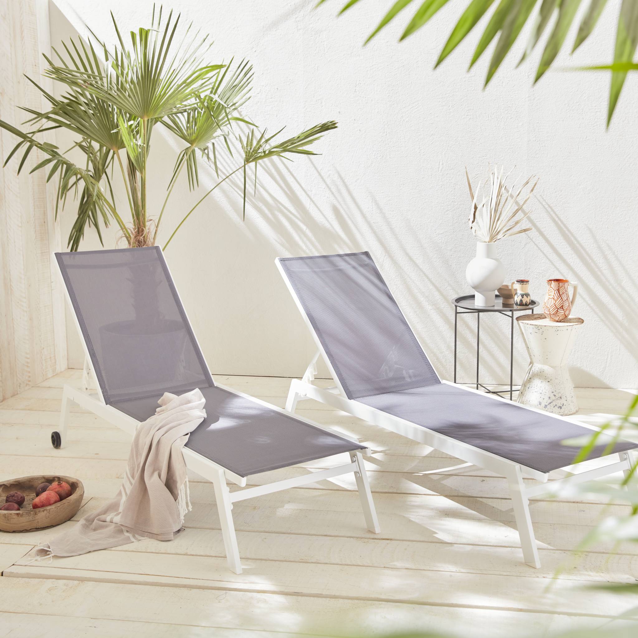 Tumbona de aluminio de multiposición con ruedas, set de 2 Blanco - 191x55x94 cm - 2
