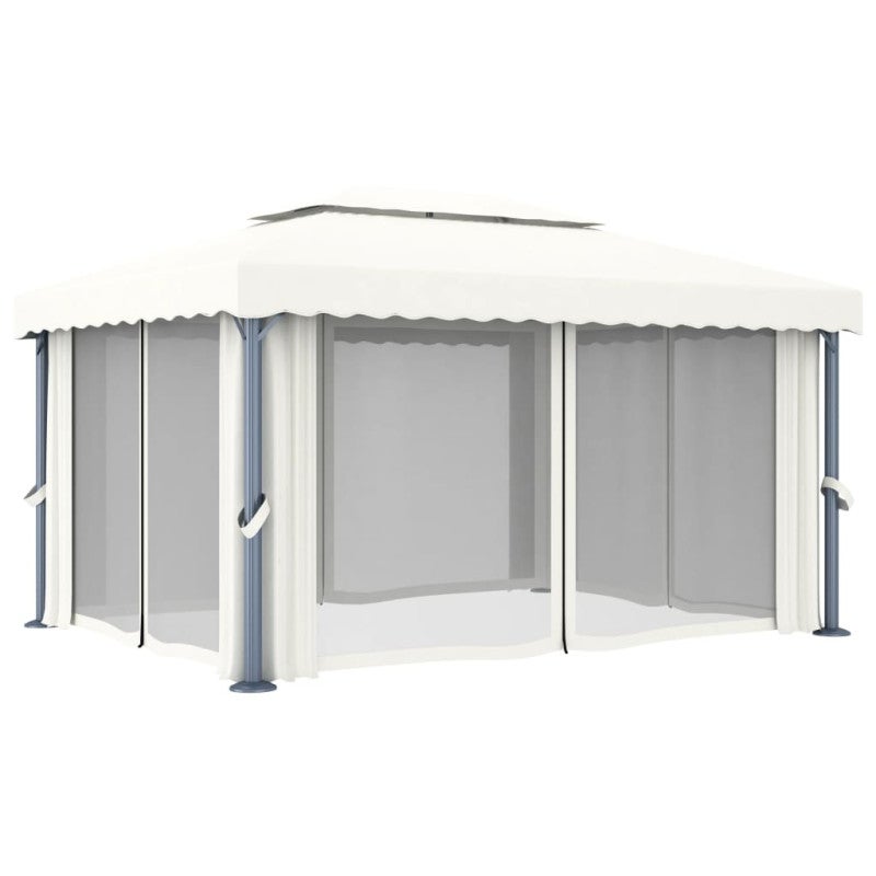 vidaXL Cenador con cortina y tira de luces LED aluminio crema 4x3 m - 6