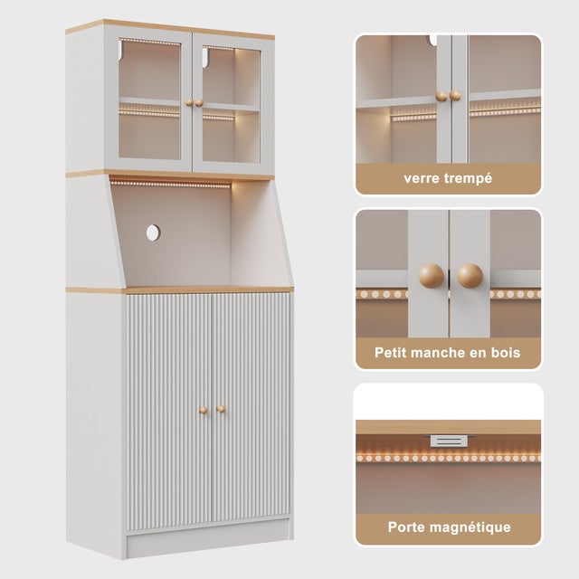 Armoire de Cuisine Colonne 180cm, Buffet avec Éclairage et Étagères Réglables, Plan de Travail et Portes en Verre Transparent, 70x40x180cm - 3