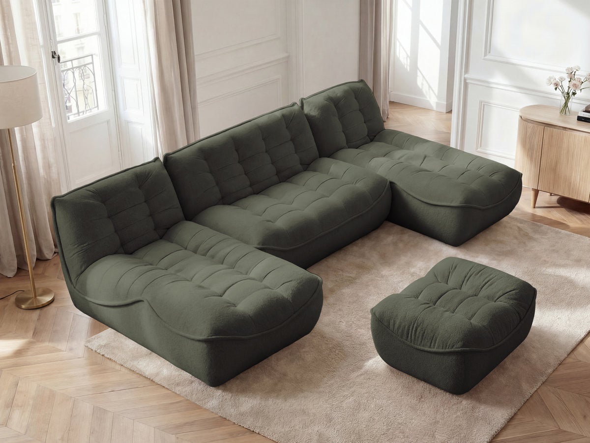 BOBOCHIC Canapé panoramique fixe modulable SERENA tissu chiné avec pouf Vert - 4