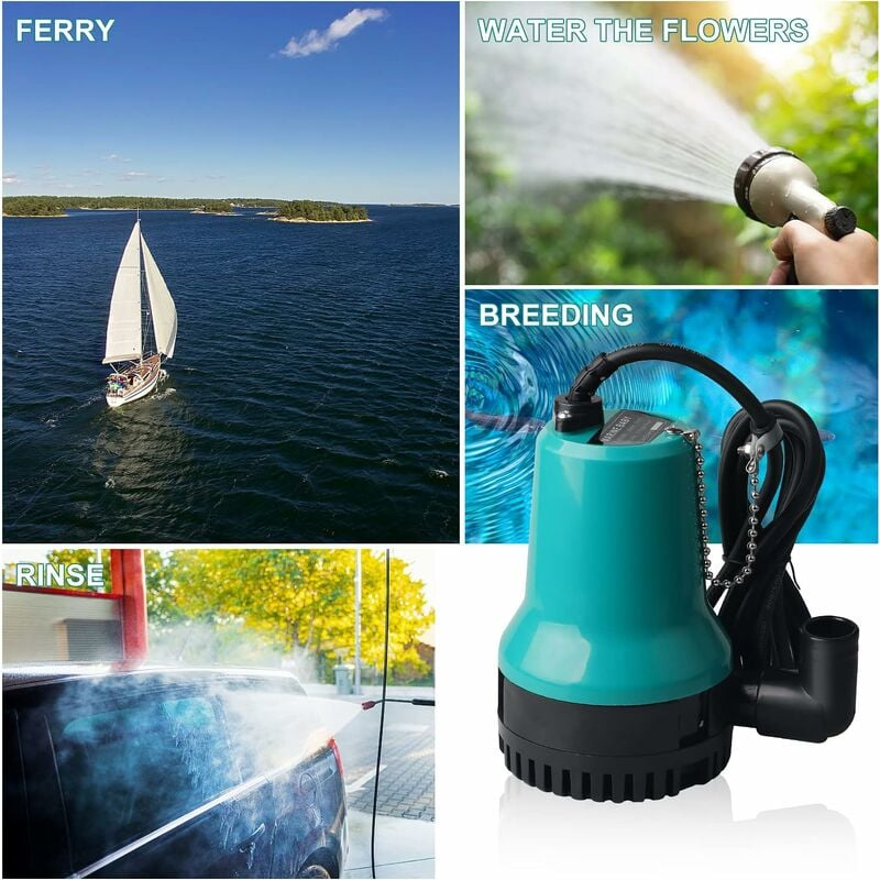 Zatapialna pompa próżniowa do piwnicy, 12 V DC, 50 W, 4500 l/h, do basenu, piwnicy, stawu, z opaską kablową 2,5 m