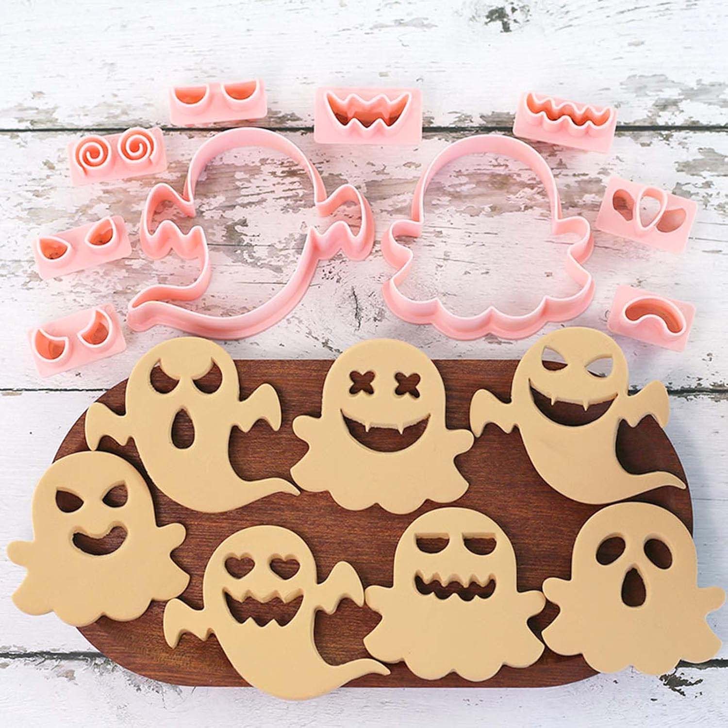 1 zestaw 3D foremek do ciastek Halloween z tłoczkiem, foremki w kształcie duszków, do dekoracji ciast i ciastek na przyjęcia Halloween