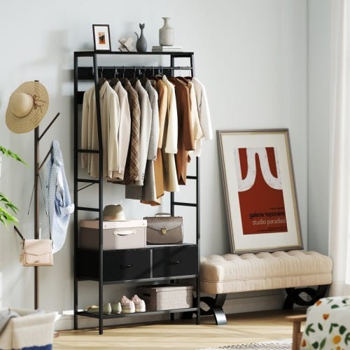 Perchero con zapatero y cajones de tela, ganchos, estante